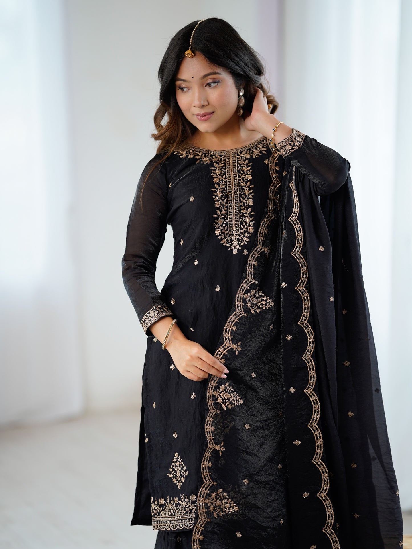 Wonderful Black Zari Embroidered Silk Reception Sharara Suit