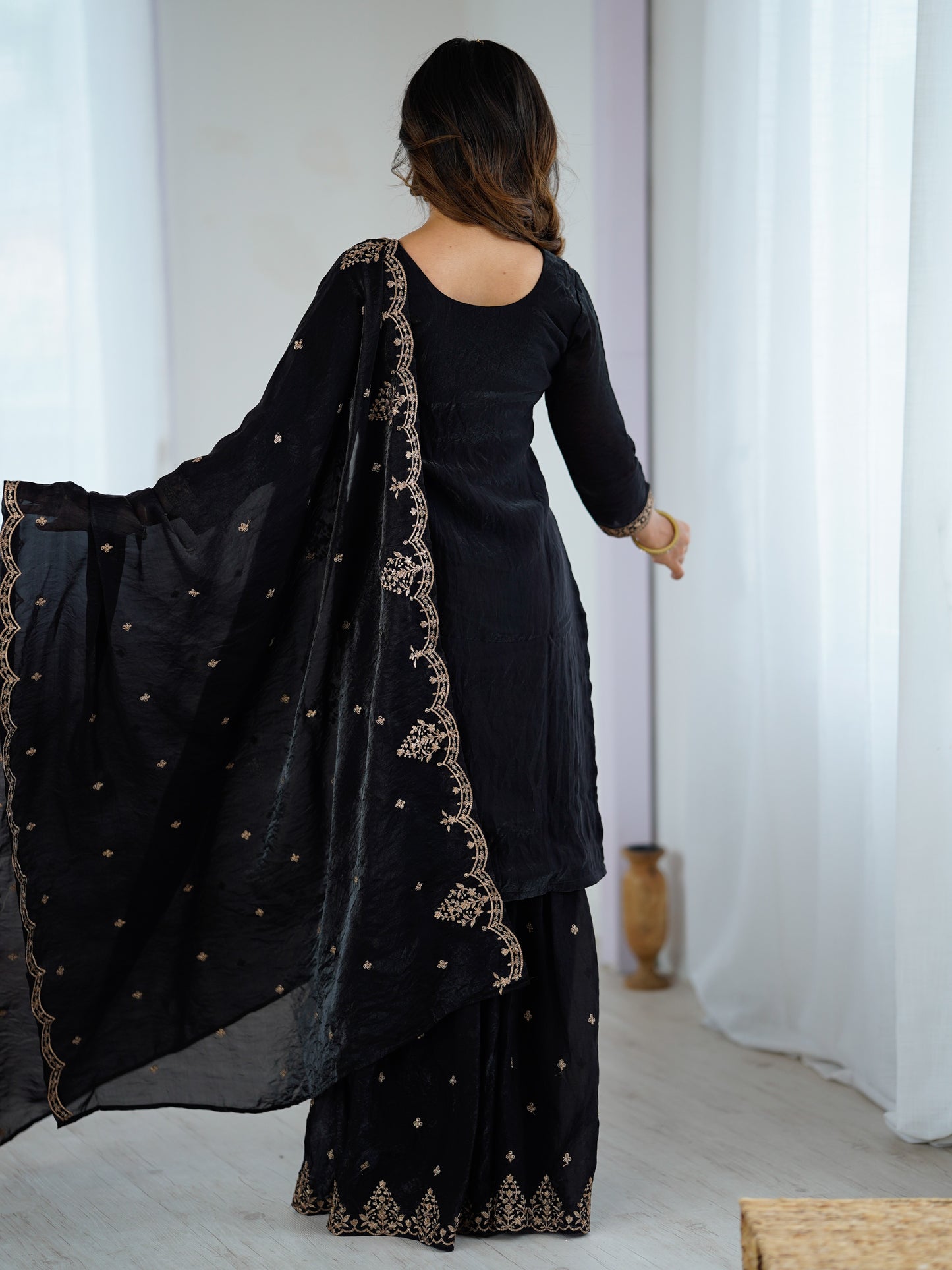 Wonderful Black Zari Embroidered Silk Reception Sharara Suit