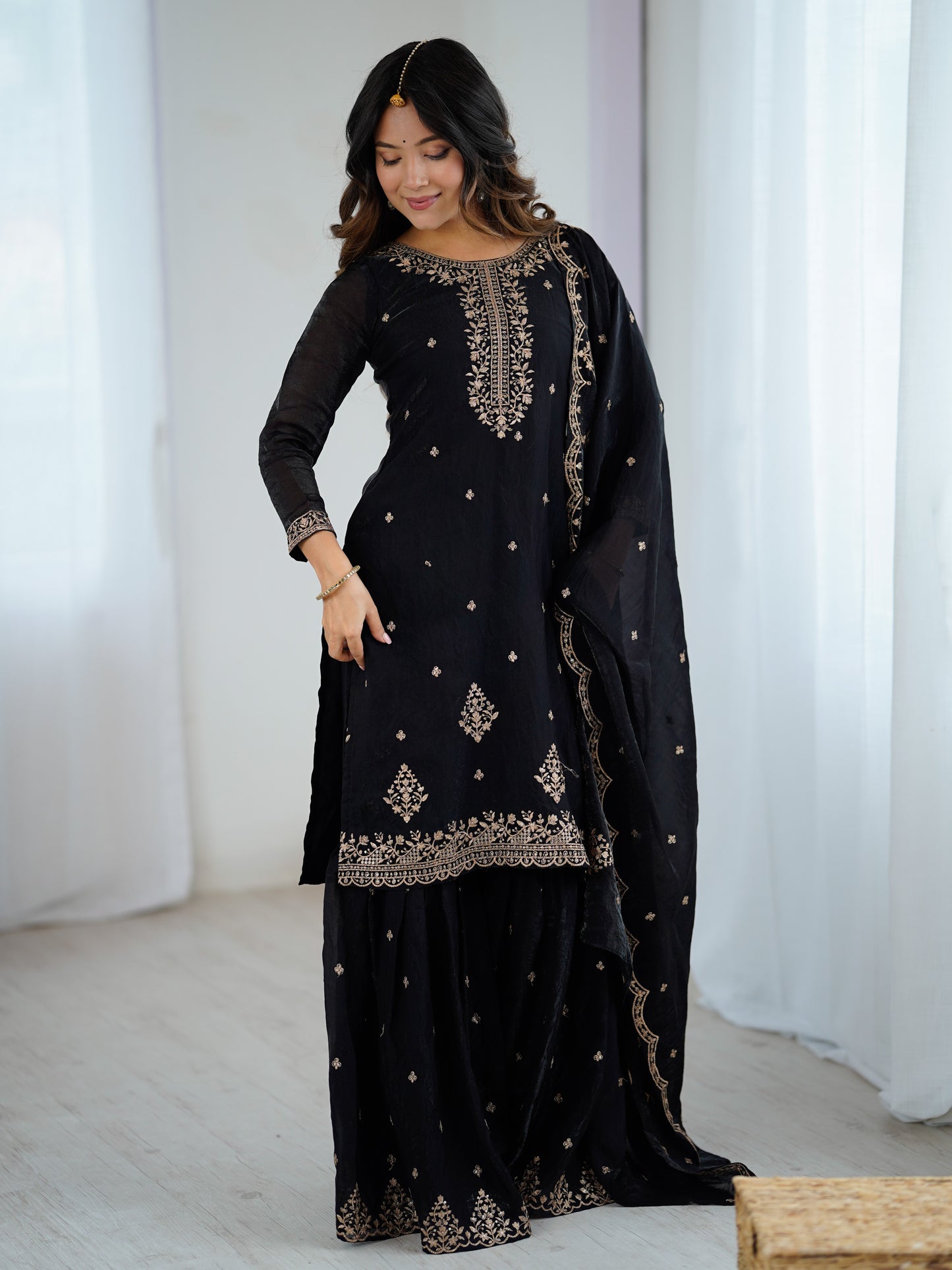Wonderful Black Zari Embroidered Silk Reception Sharara Suit