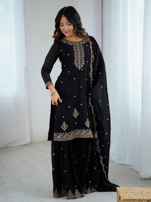 Wonderful Black Zari Embroidered Silk Reception Sharara Suit