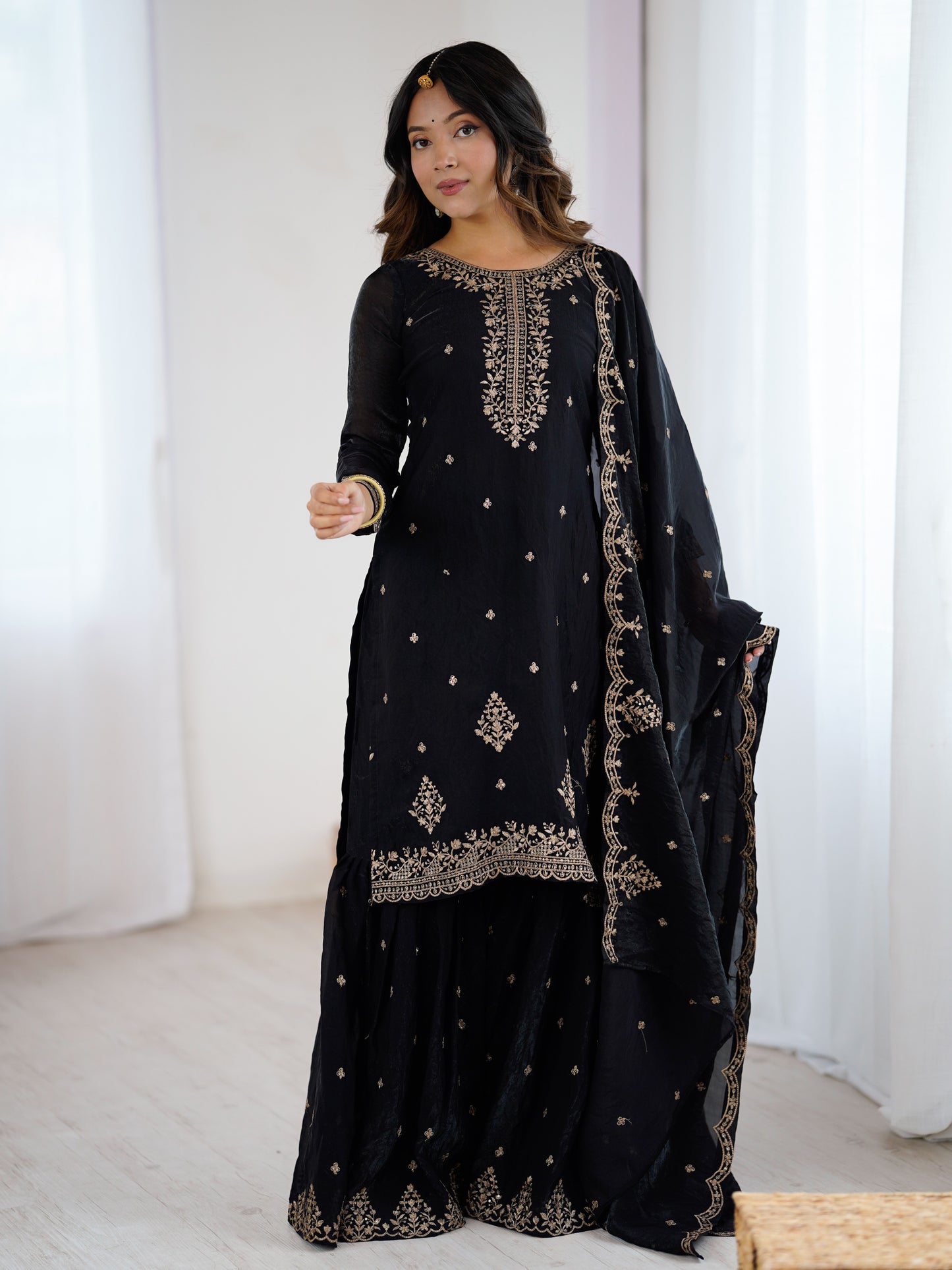 Wonderful Black Zari Embroidered Silk Reception Sharara Suit