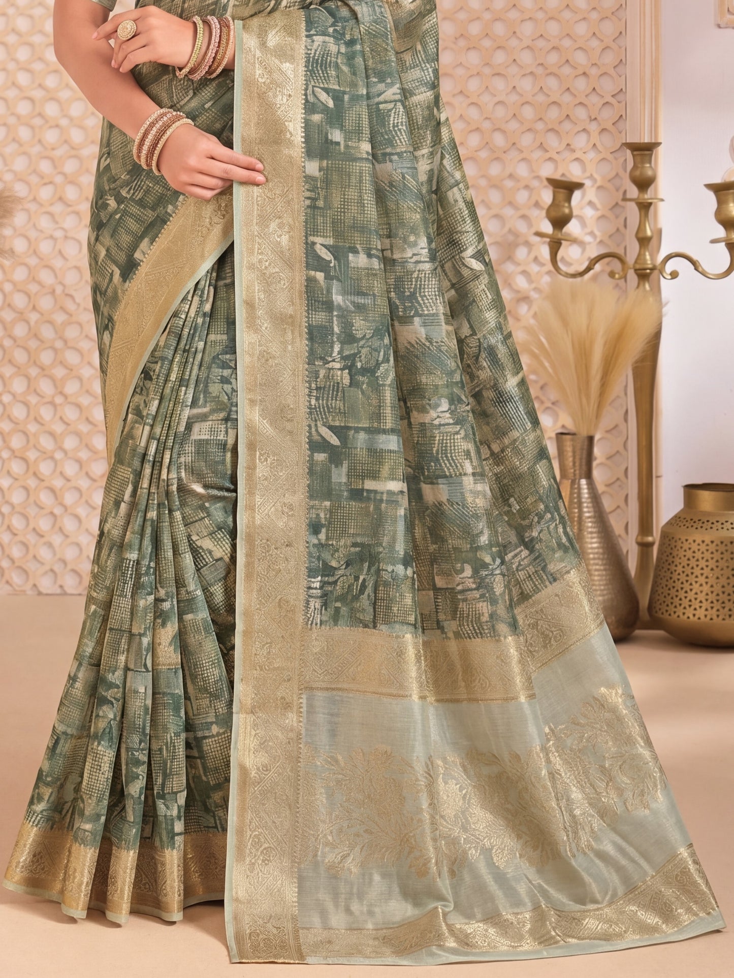 Fascinating Green Digital Printed Cotton Mehndi Wear Saree