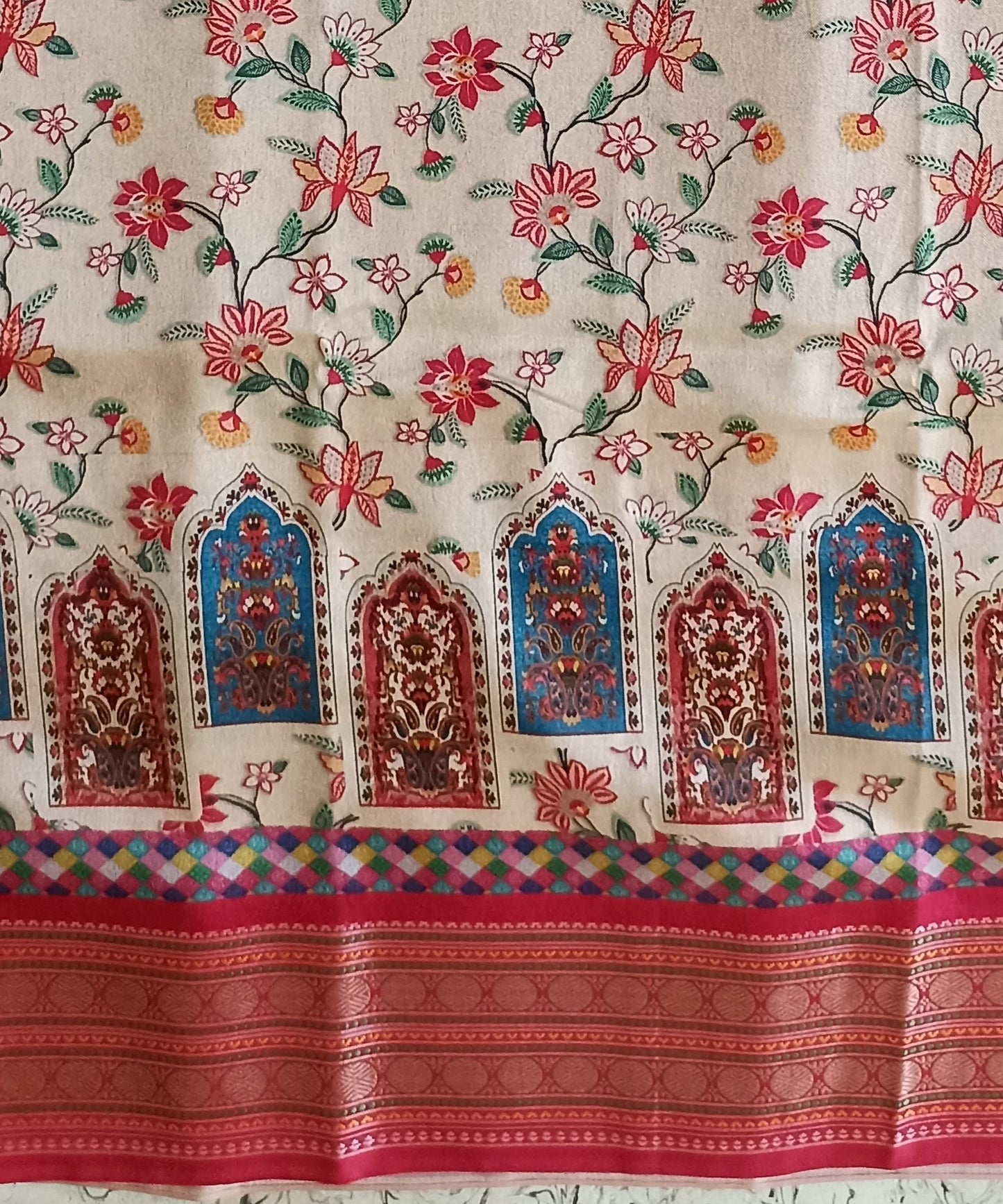 Enchanting Off-White Pashmina Printed Silk Wedding Saree