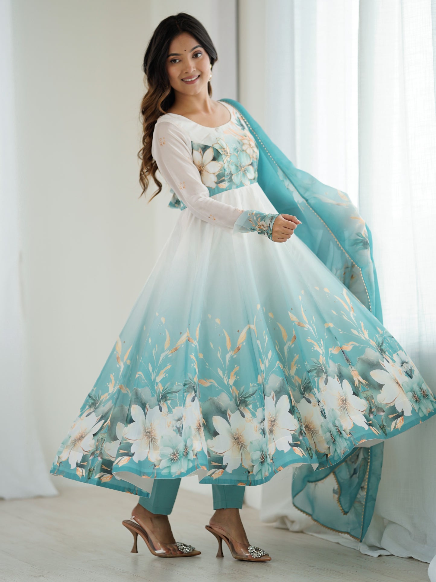 Sky-Blue Floral Printed Organza Engagement Anarkali Suit