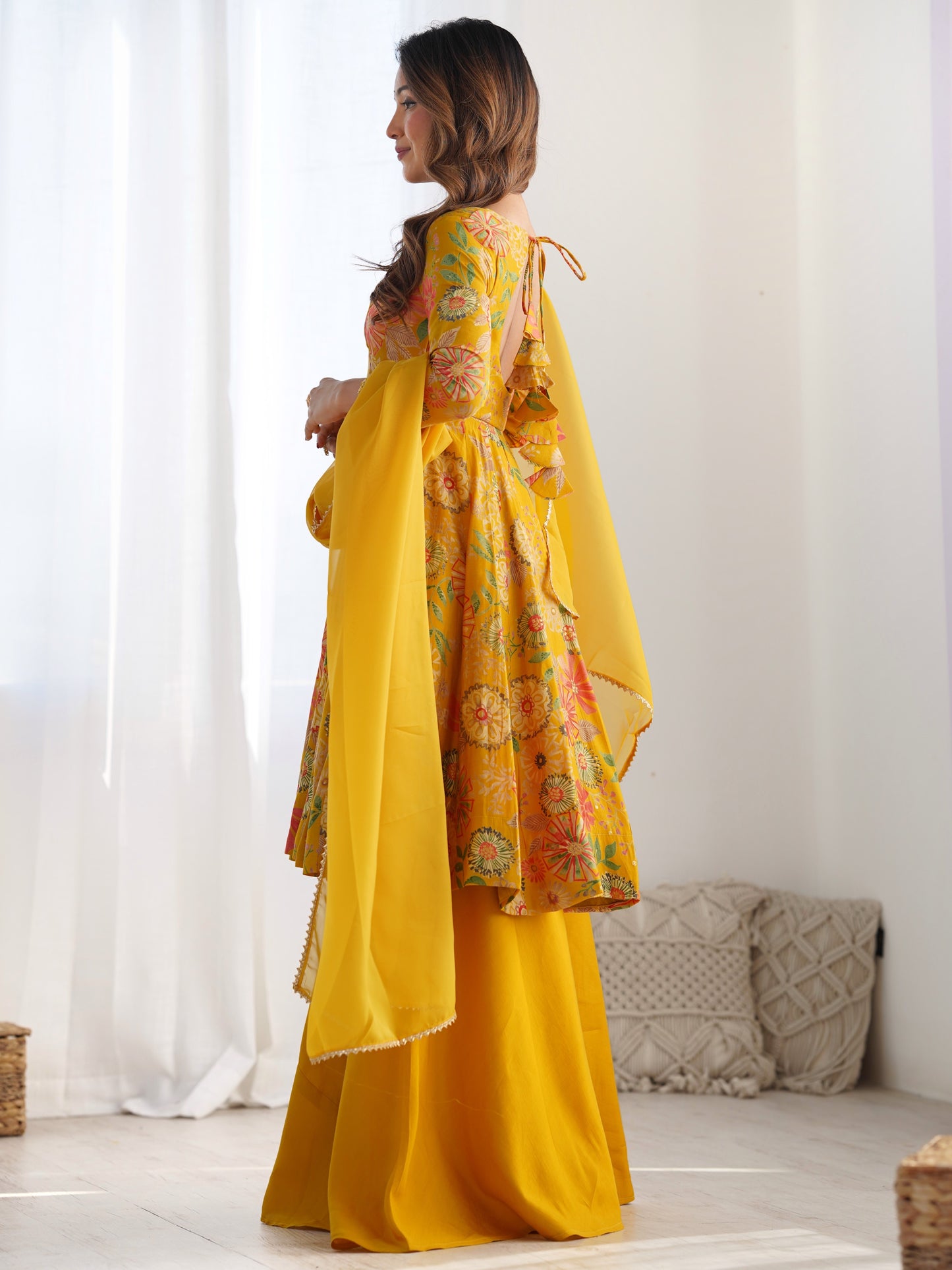 Fascinating Yellow Floral Printed Roman Silk Haldi Wear Palazzo Suit