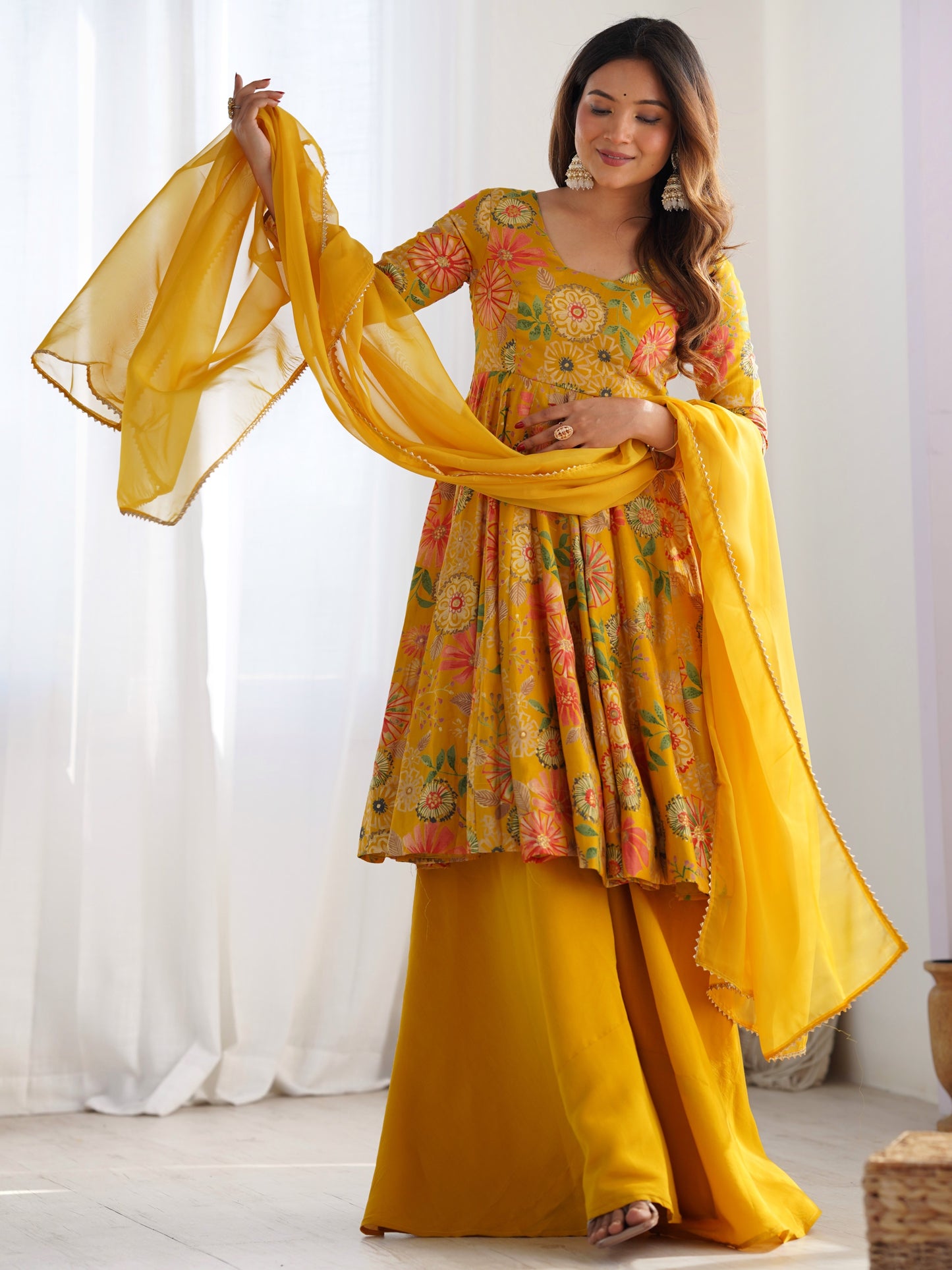 Fascinating Yellow Floral Printed Roman Silk Haldi Wear Palazzo Suit
