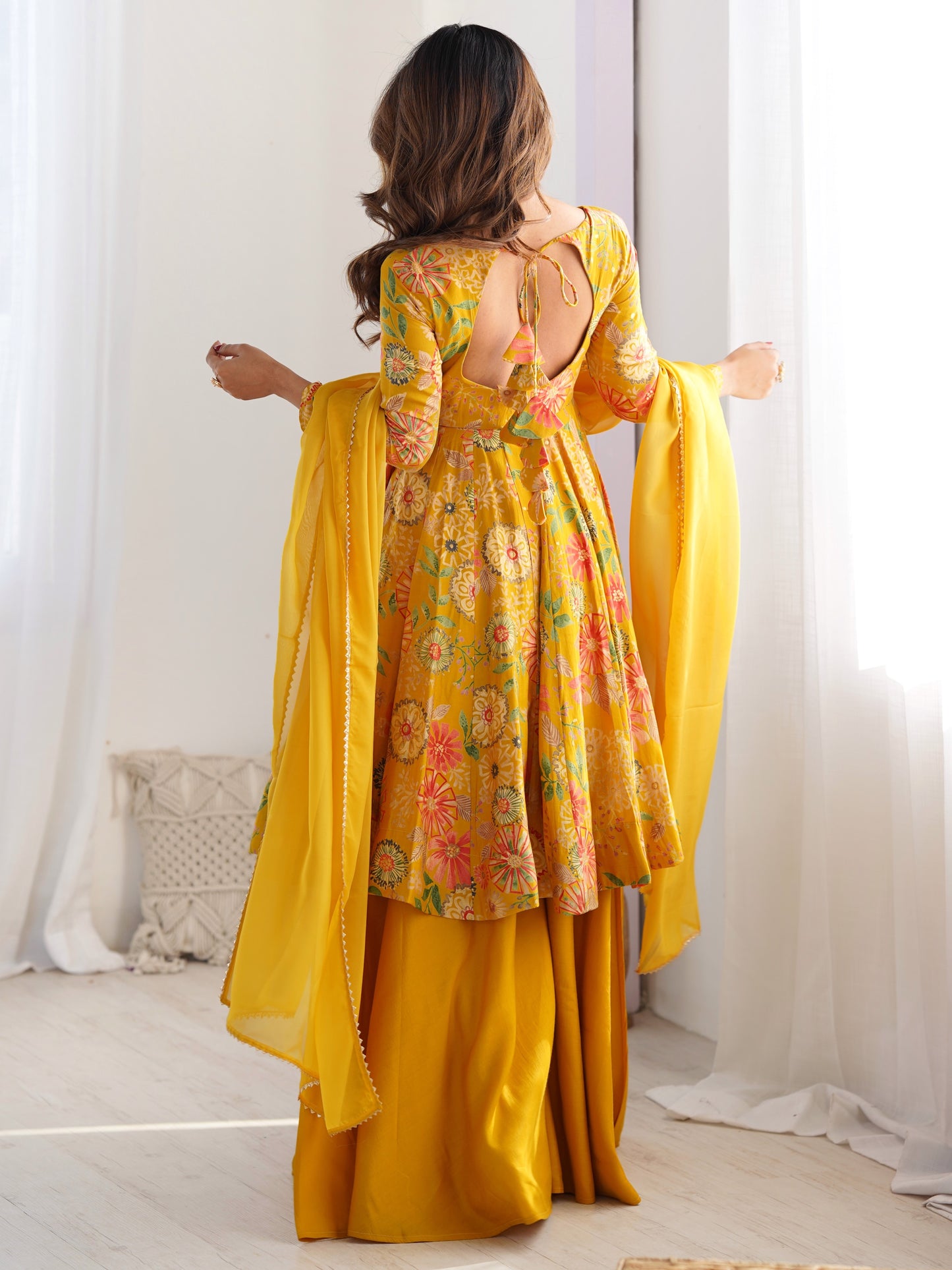 Fascinating Yellow Floral Printed Roman Silk Haldi Wear Palazzo Suit