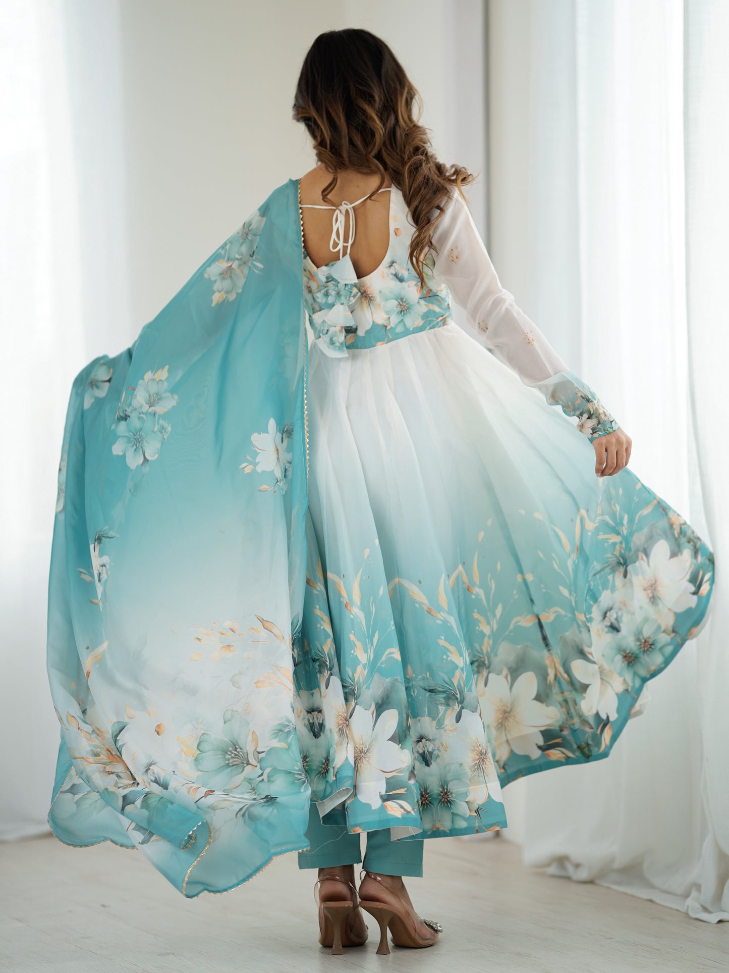 Sky-Blue Floral Printed Organza Engagement Anarkali Suit