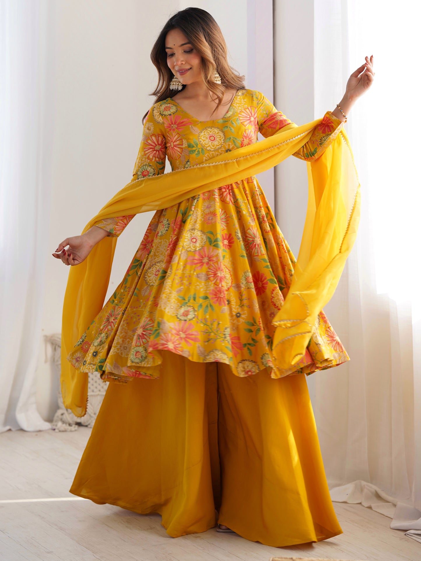 Fascinating Yellow Floral Printed Roman Silk Haldi Wear Palazzo Suit