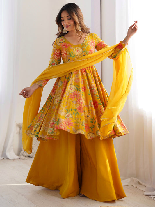 Fascinating Yellow Floral Printed Roman Silk Haldi Wear Palazzo Suit