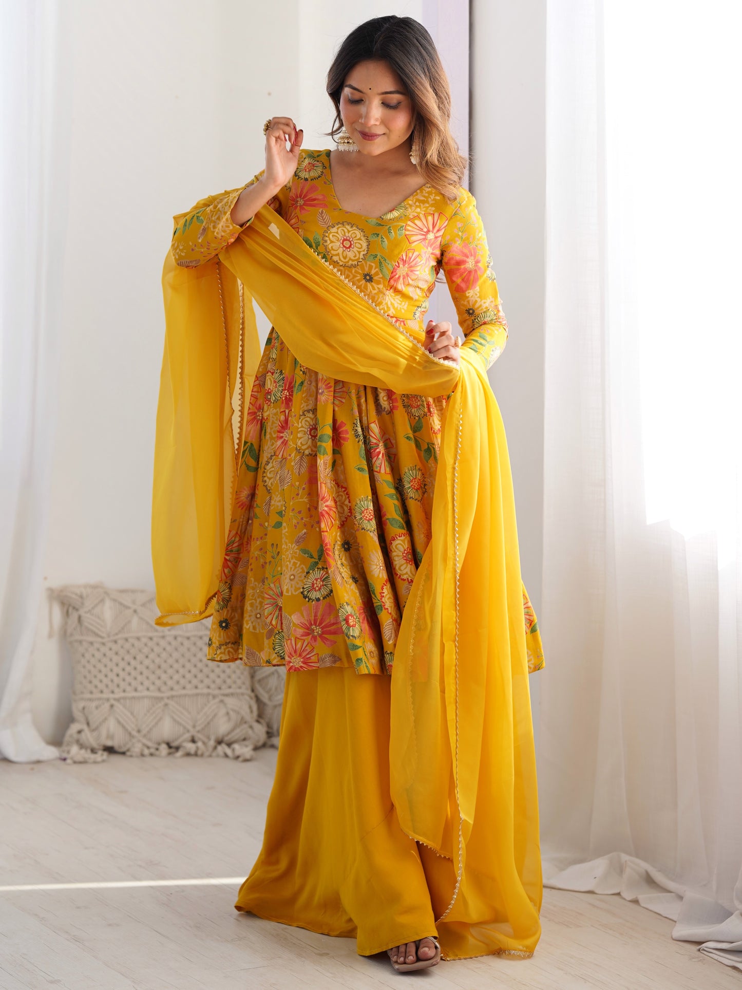 Fascinating Yellow Floral Printed Roman Silk Haldi Wear Palazzo Suit