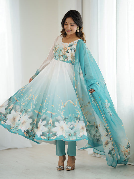 Sky-Blue Floral Printed Organza Engagement Anarkali Suit