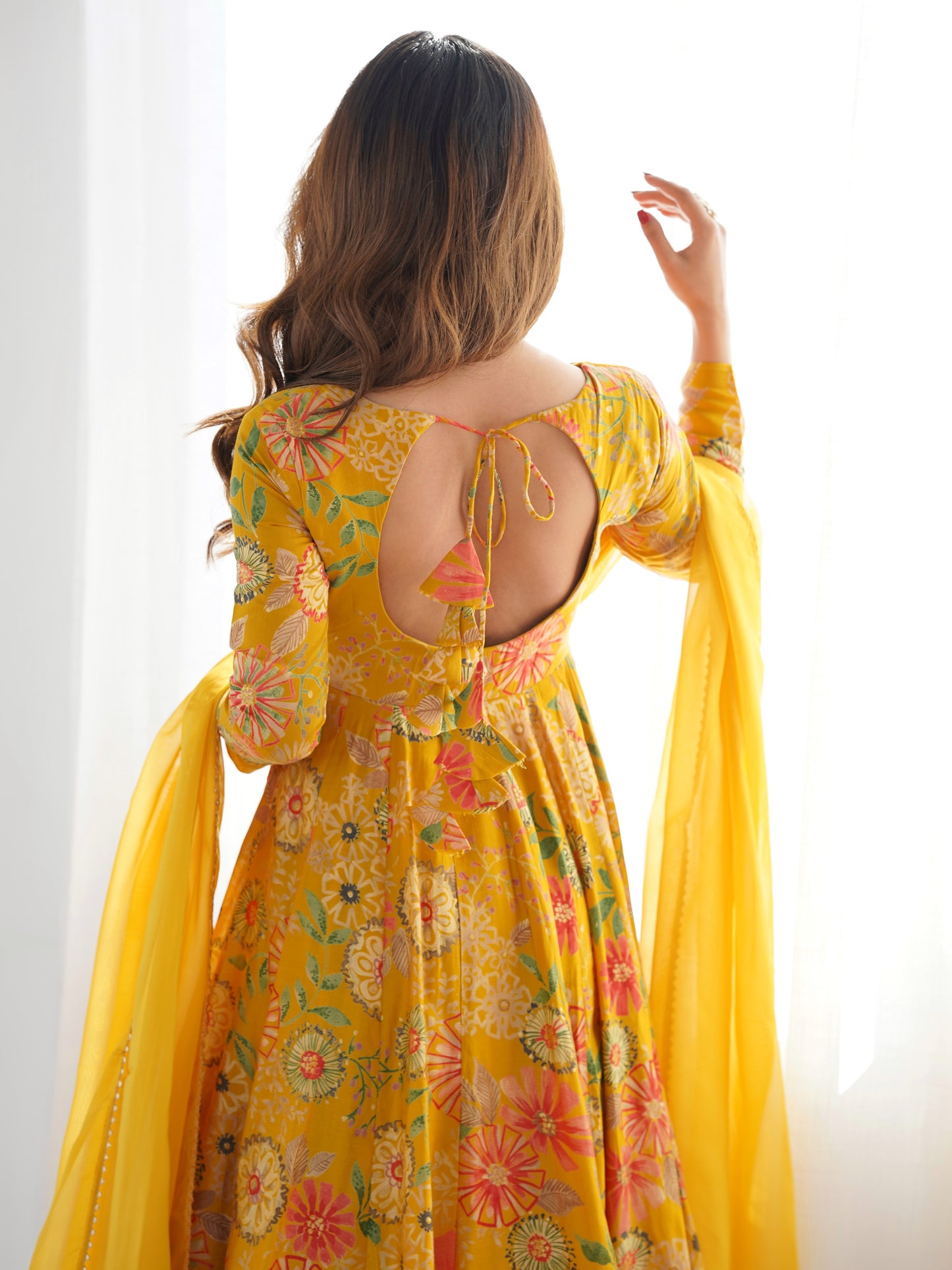 Fascinating Yellow Floral Printed Roman Silk Haldi Wear Palazzo Suit