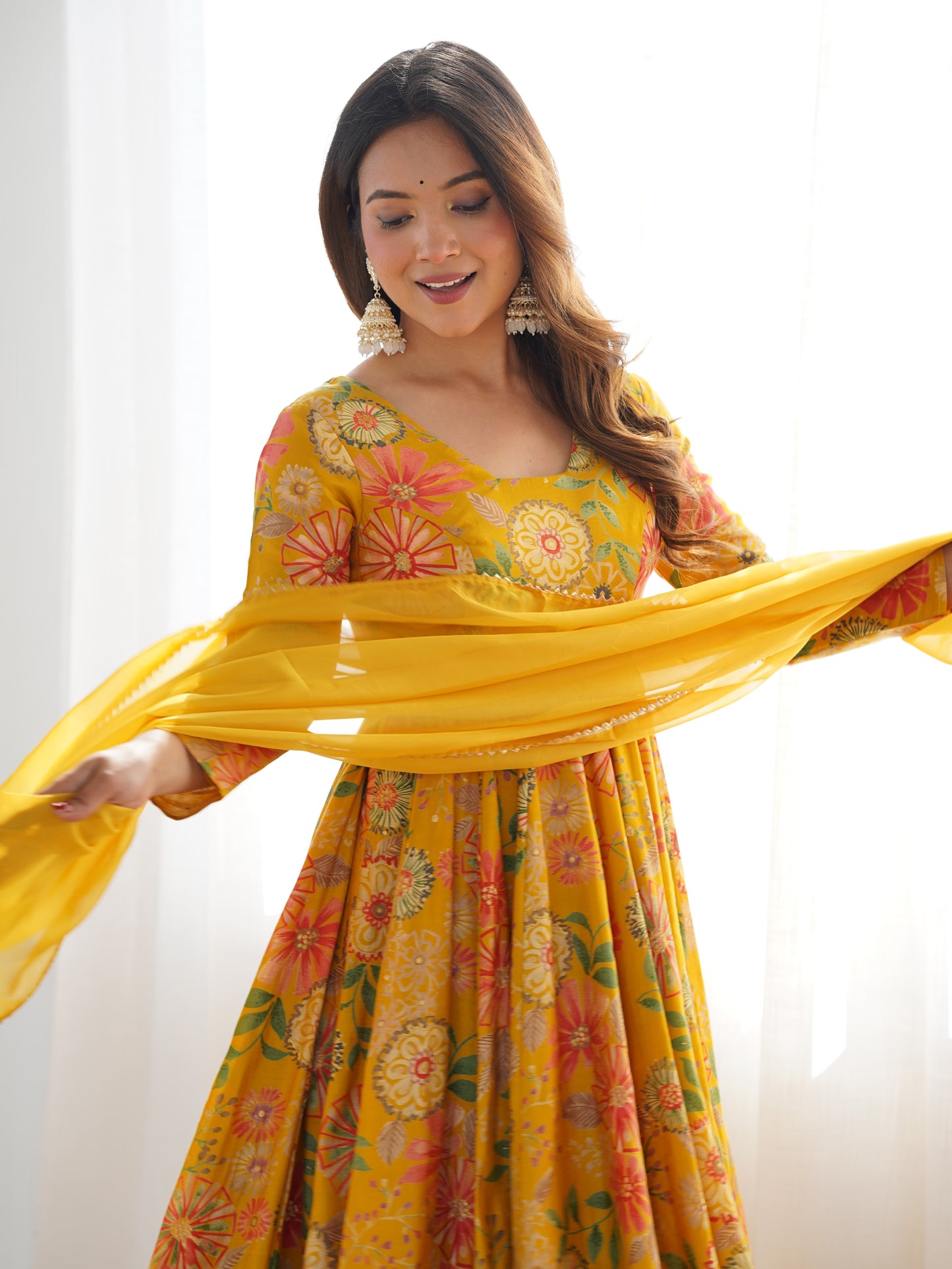 Fascinating Yellow Floral Printed Roman Silk Haldi Wear Palazzo Suit