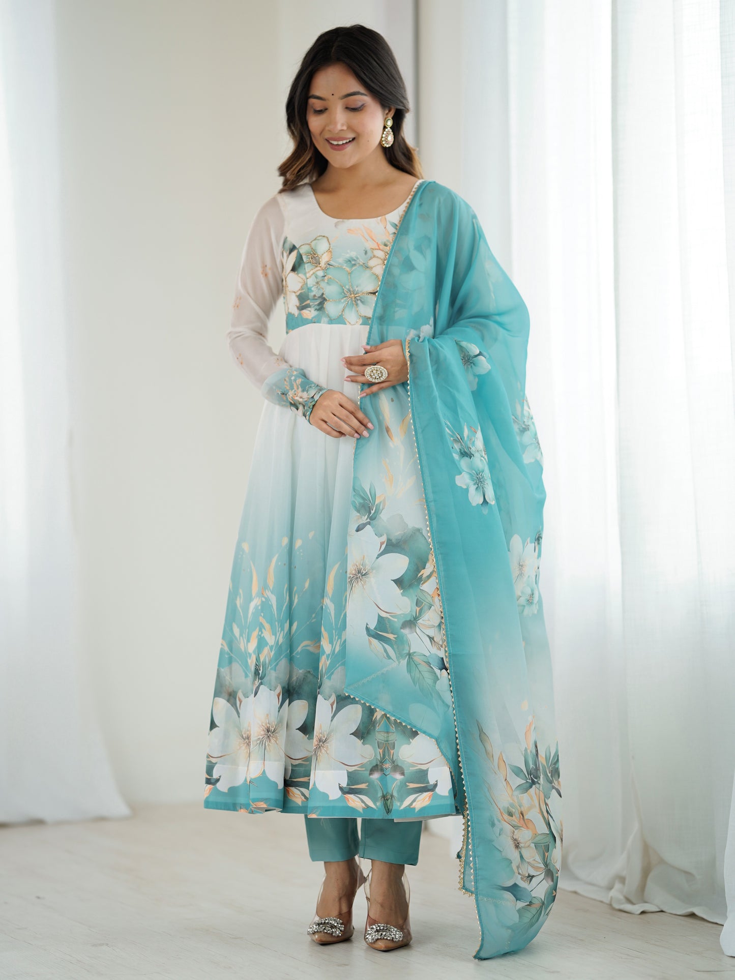 Sky-Blue Floral Printed Organza Engagement Anarkali Suit