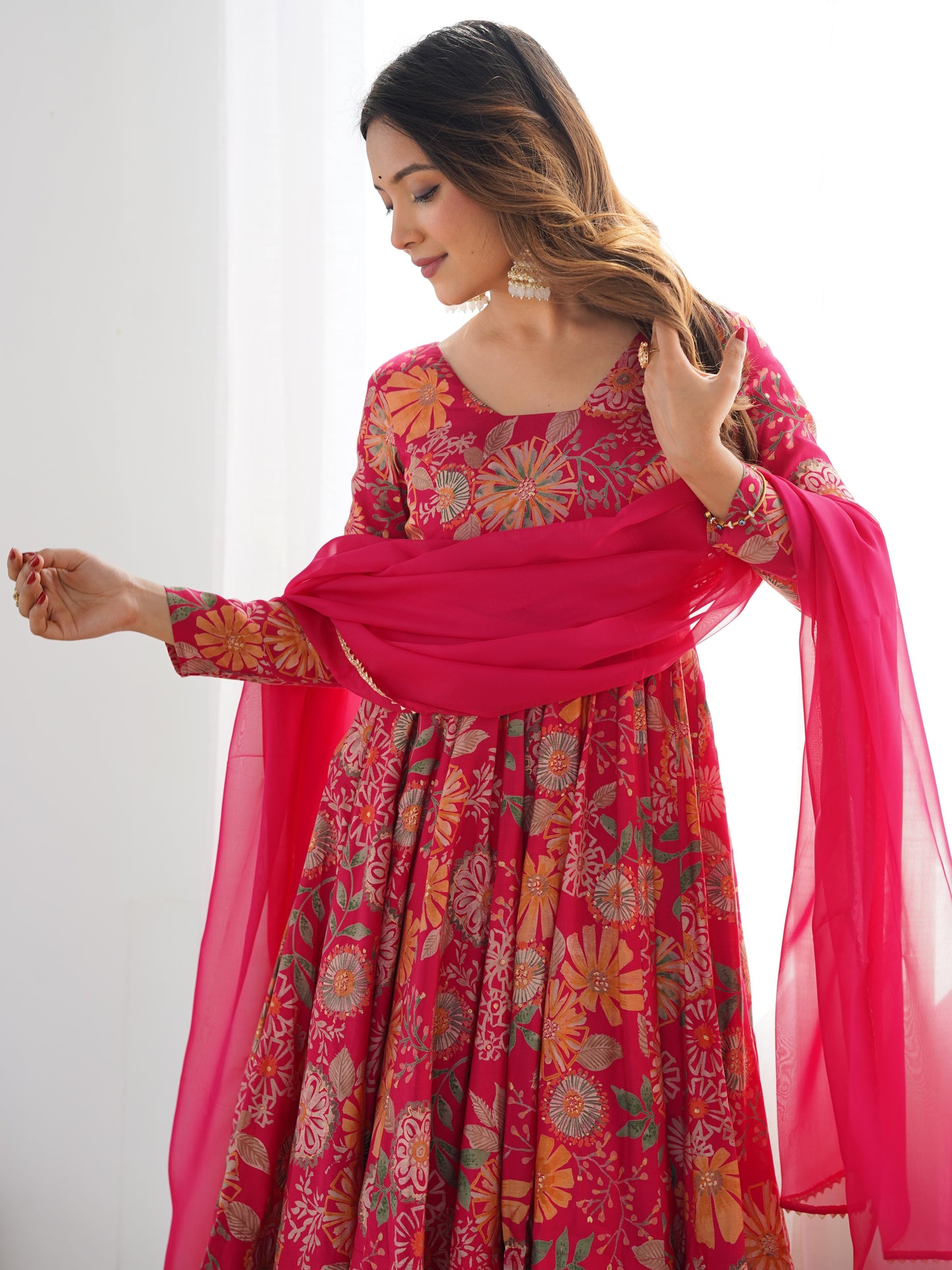 Marvelous Pink Floral Printed Roman Silk Festive Palazzo Suit