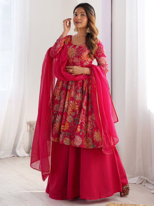 Marvelous Pink Floral Printed Roman Silk Festive Palazzo Suit