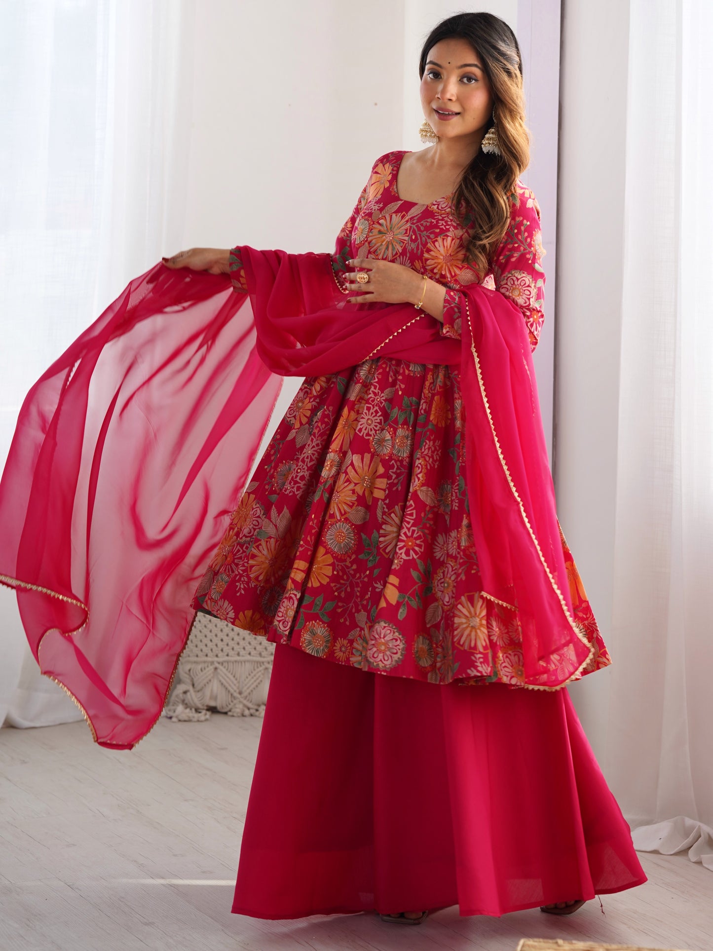 Marvelous Pink Floral Printed Roman Silk Festive Palazzo Suit