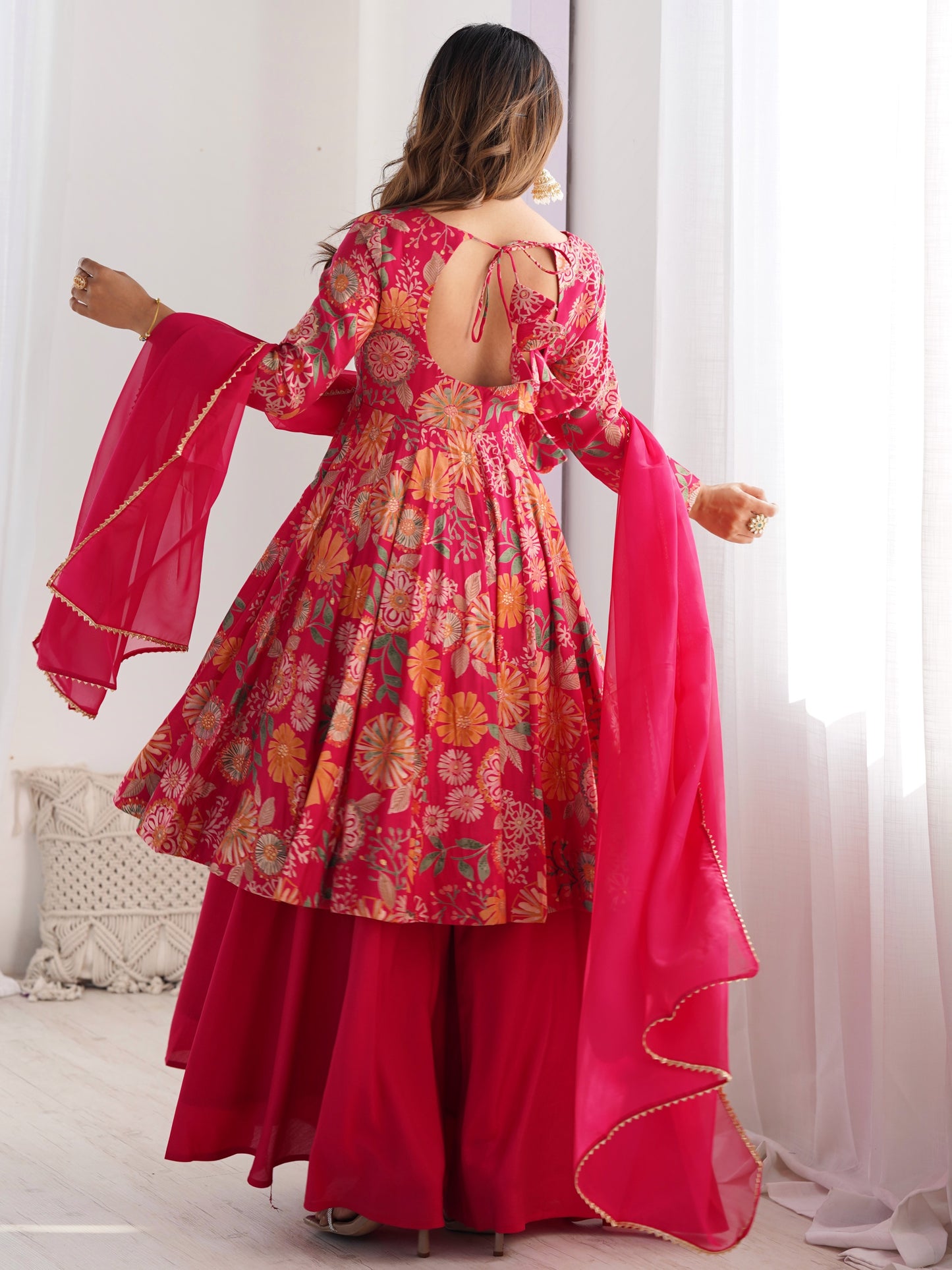 Marvelous Pink Floral Printed Roman Silk Festive Palazzo Suit