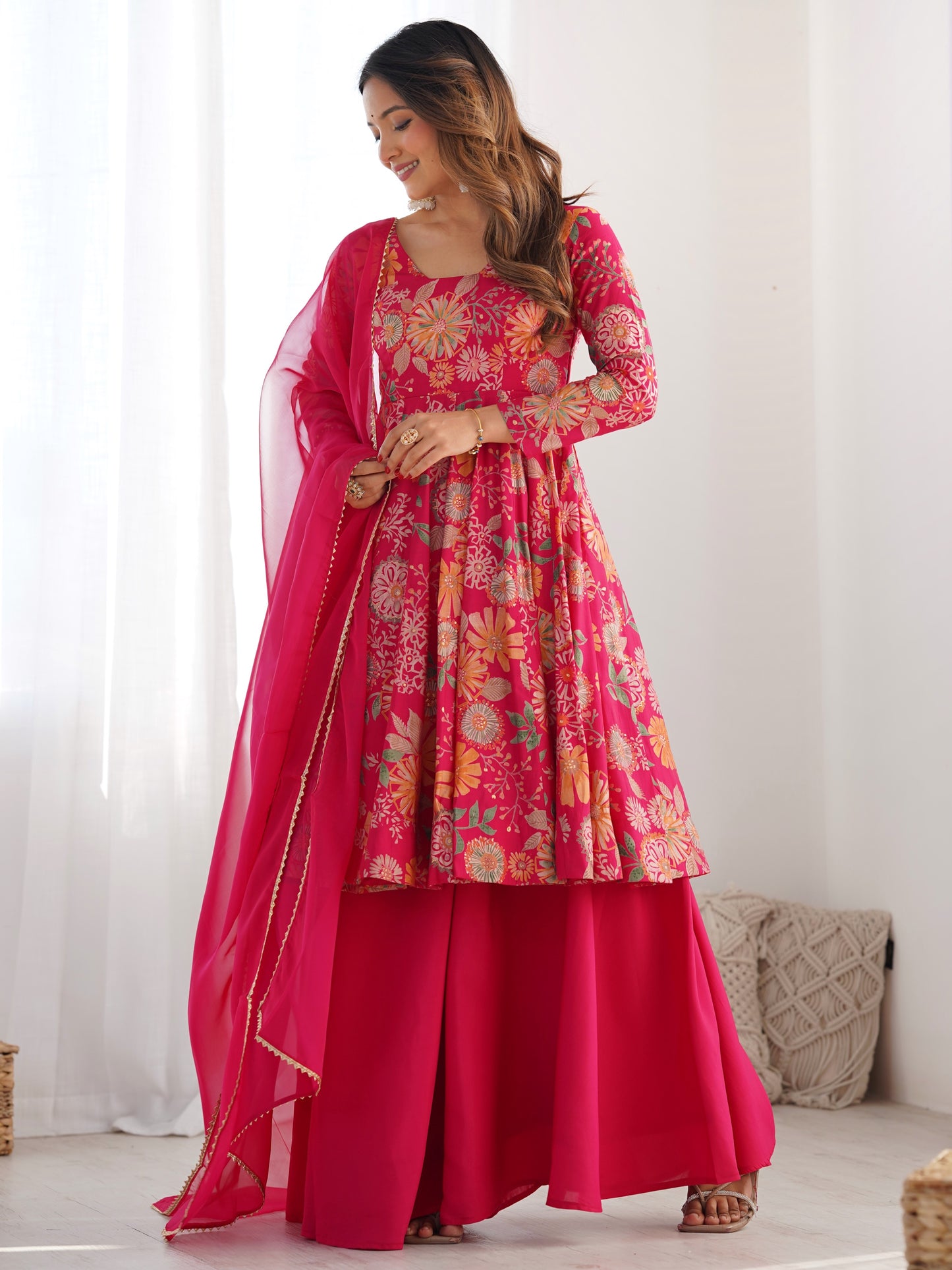Marvelous Pink Floral Printed Roman Silk Festive Palazzo Suit