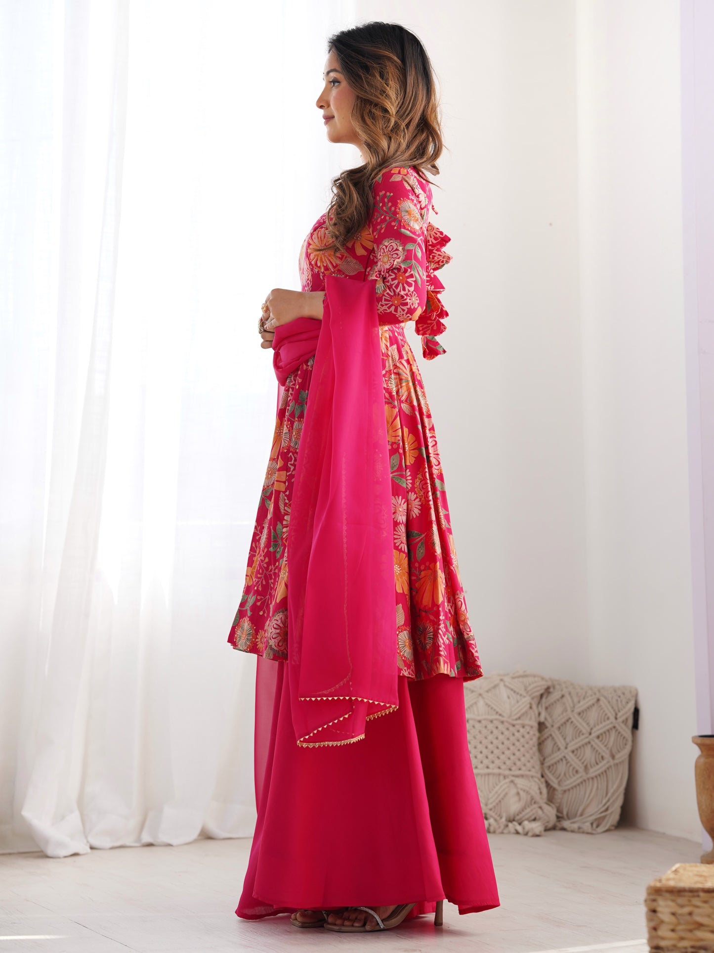 Marvelous Pink Floral Printed Roman Silk Festive Palazzo Suit