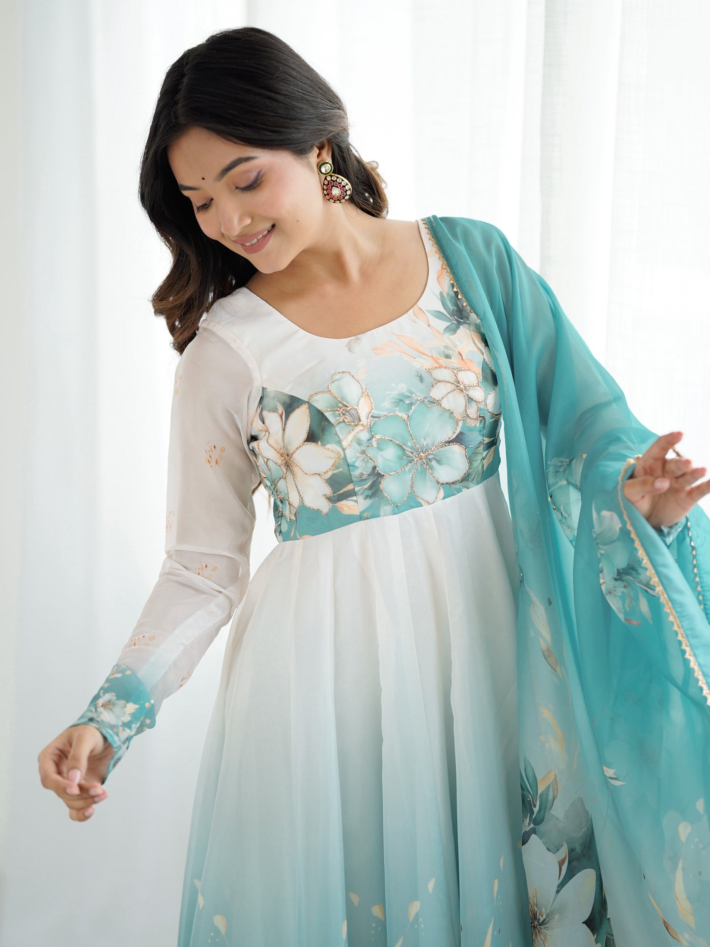 Sky-Blue Floral Printed Organza Engagement Anarkali Suit