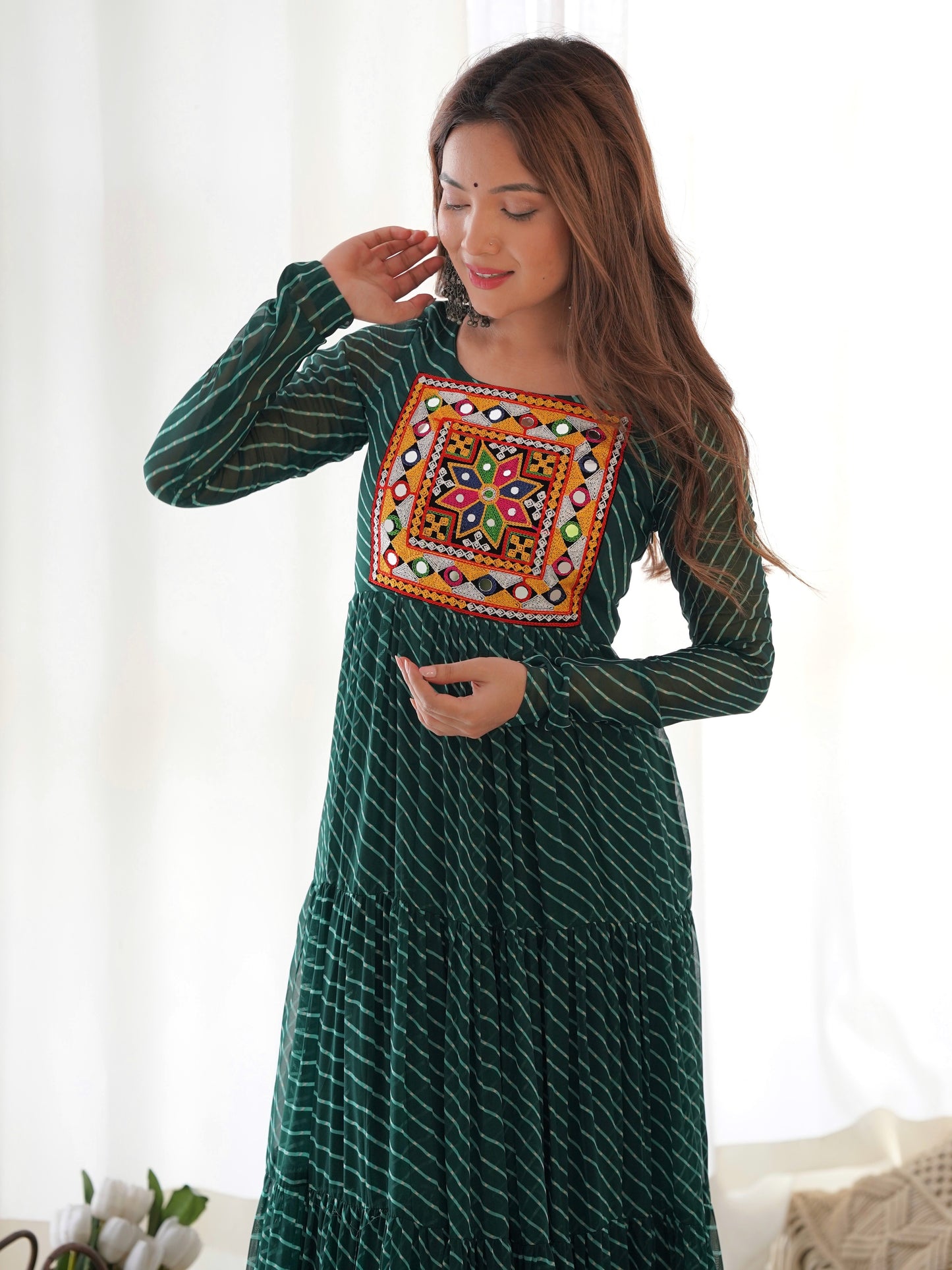 Astonishing Green Leheriya Printed Georgette Festive Gown