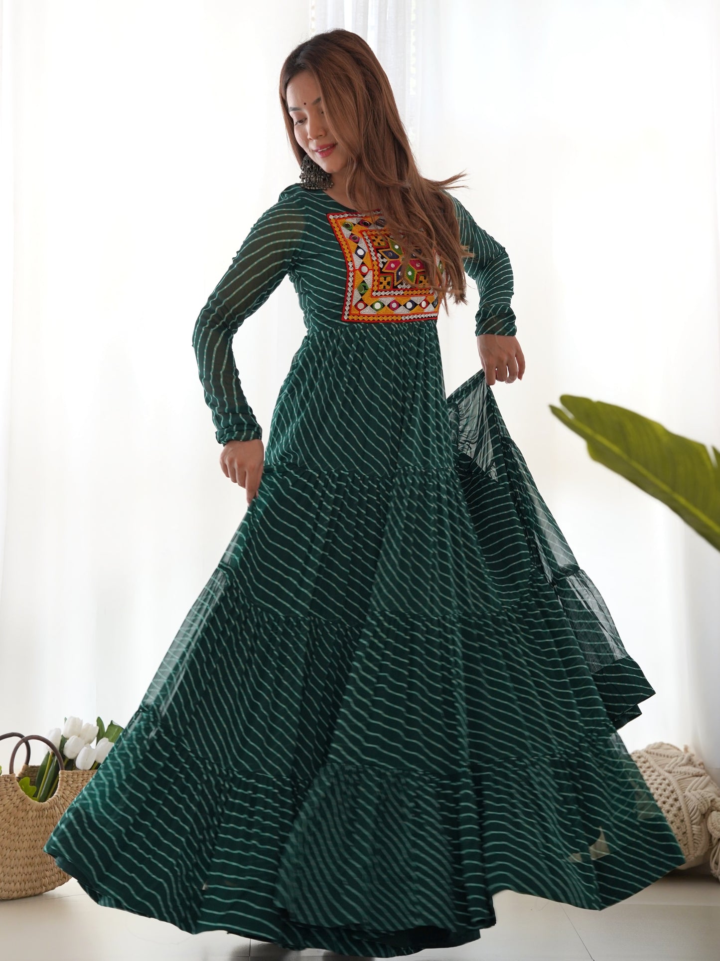 Astonishing Green Leheriya Printed Georgette Festive Gown