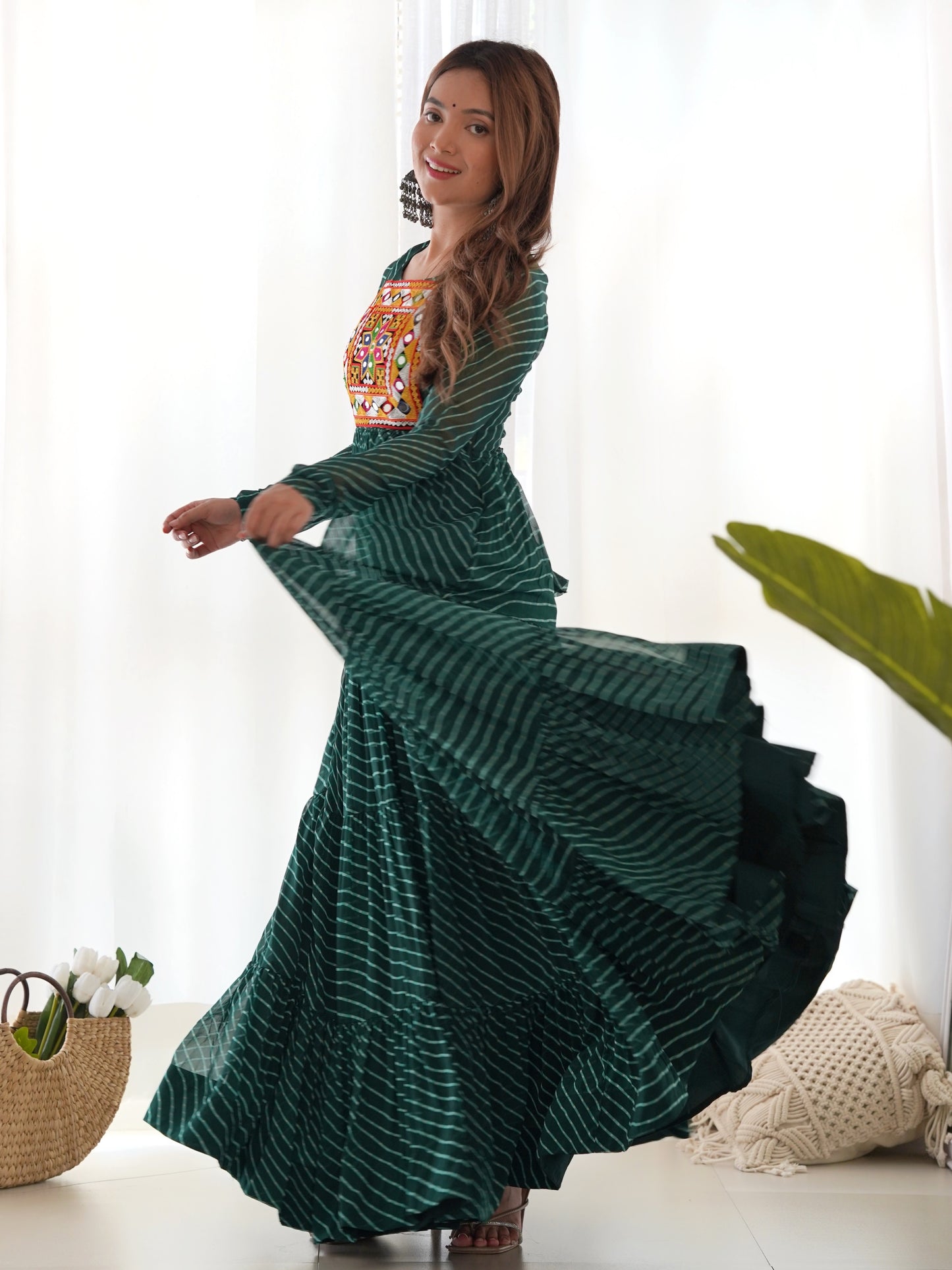 Astonishing Green Leheriya Printed Georgette Festive Gown