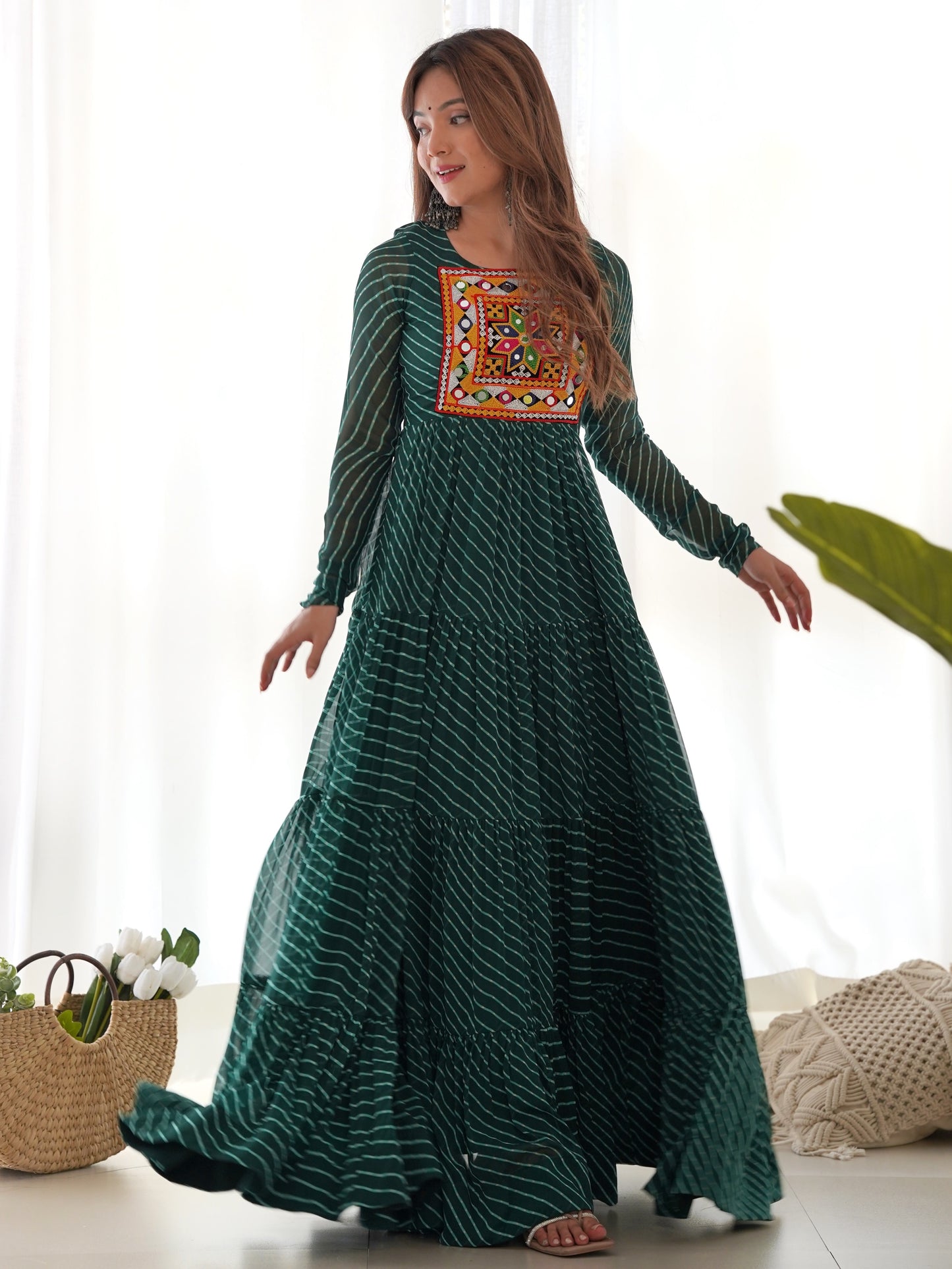 Astonishing Green Leheriya Printed Georgette Festive Gown