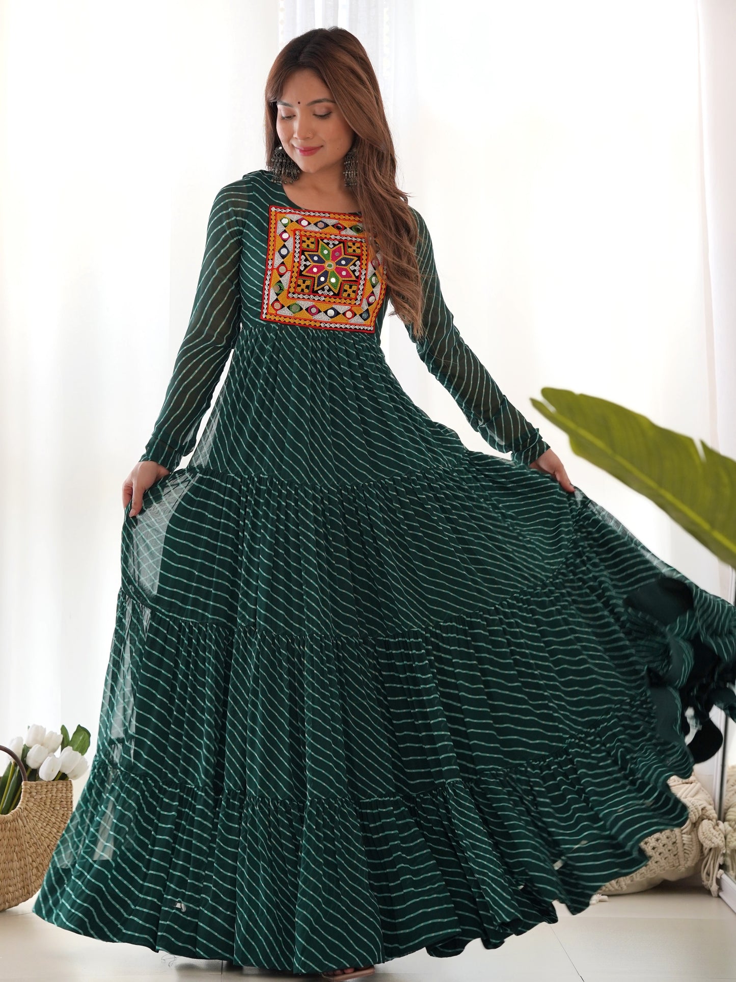 Astonishing Green Leheriya Printed Georgette Festive Gown