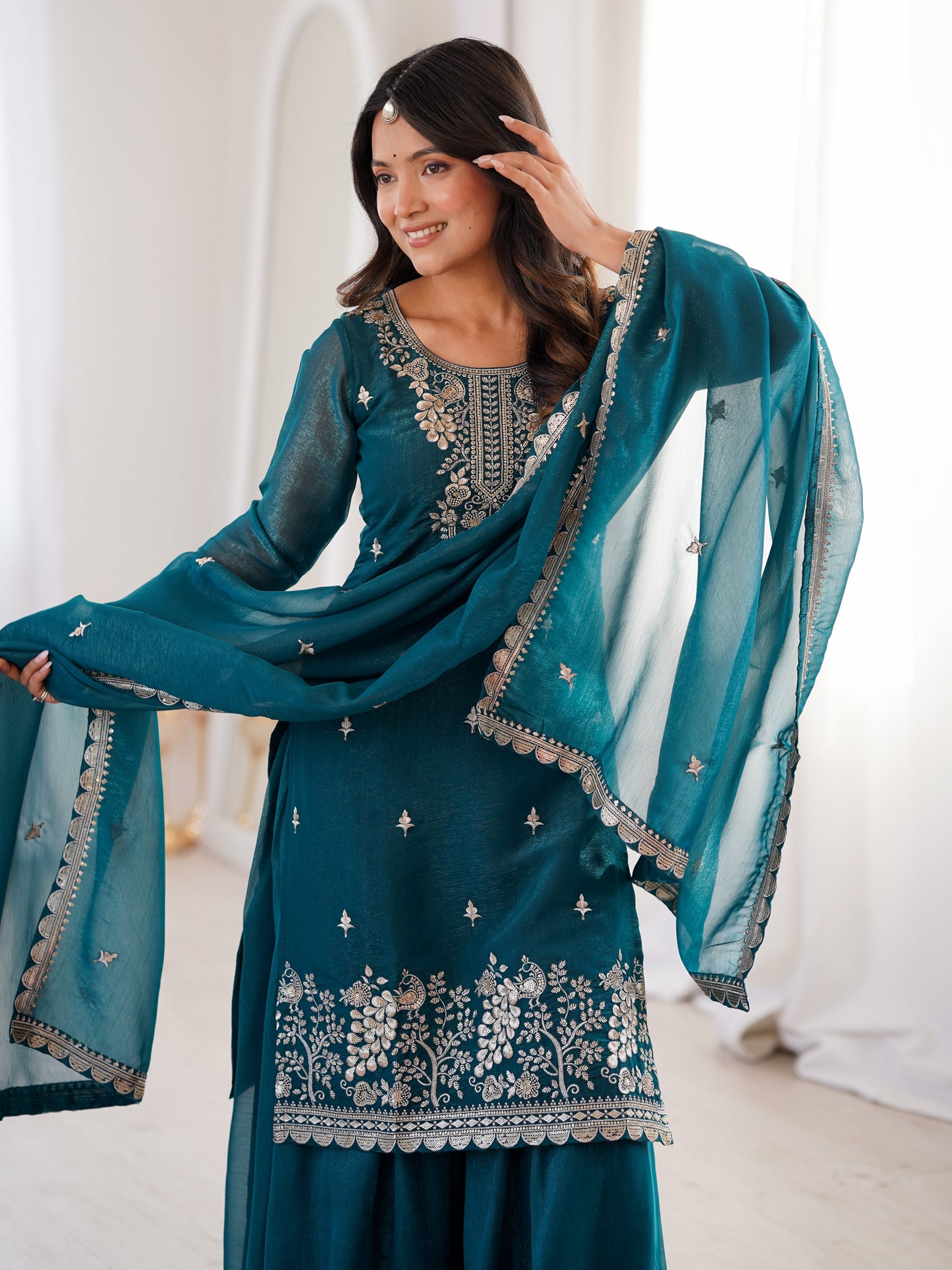Wonderful Teal Blue Zari Work Crunchy Silk Wedding Palazzo Suit