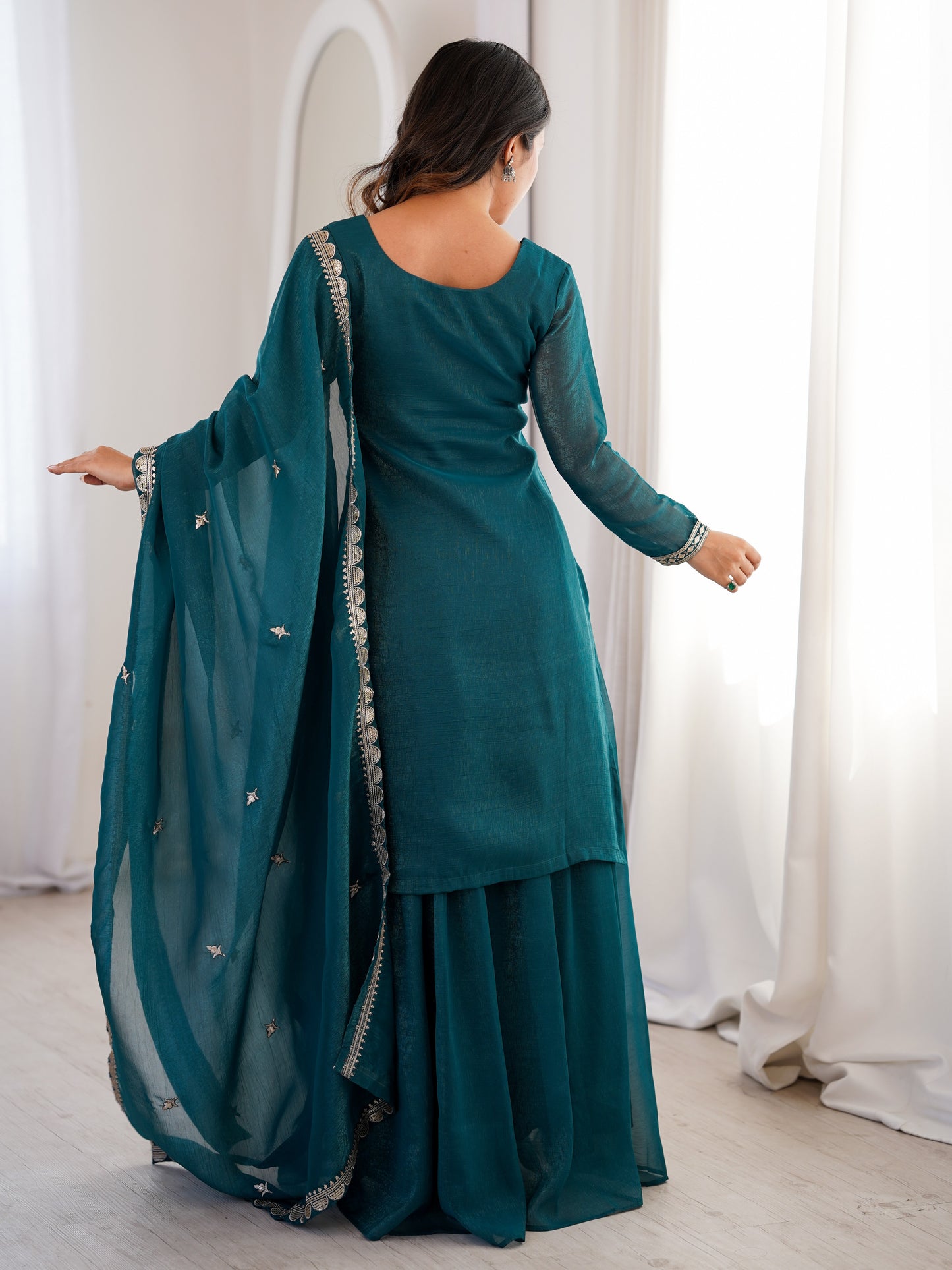 Wonderful Teal Blue Zari Work Crunchy Silk Wedding Palazzo Suit