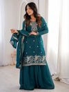 Wonderful Teal Blue Zari Work Crunchy Silk Wedding Palazzo Suit