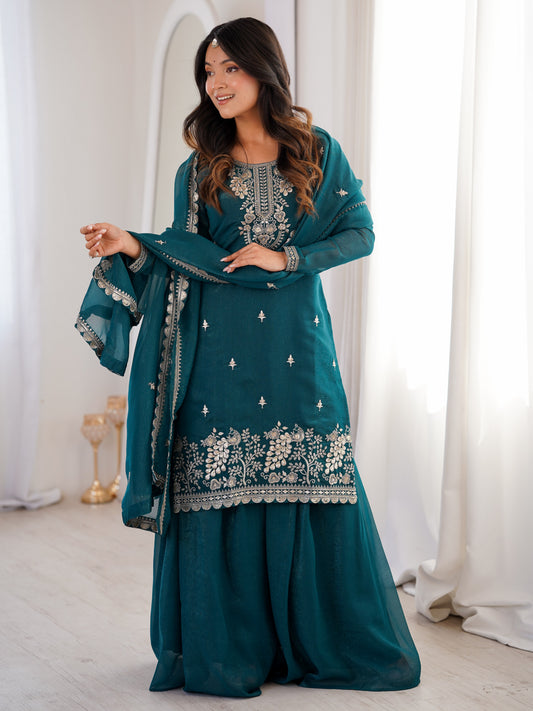 Wonderful Teal Blue Zari Work Crunchy Silk Wedding Palazzo Suit