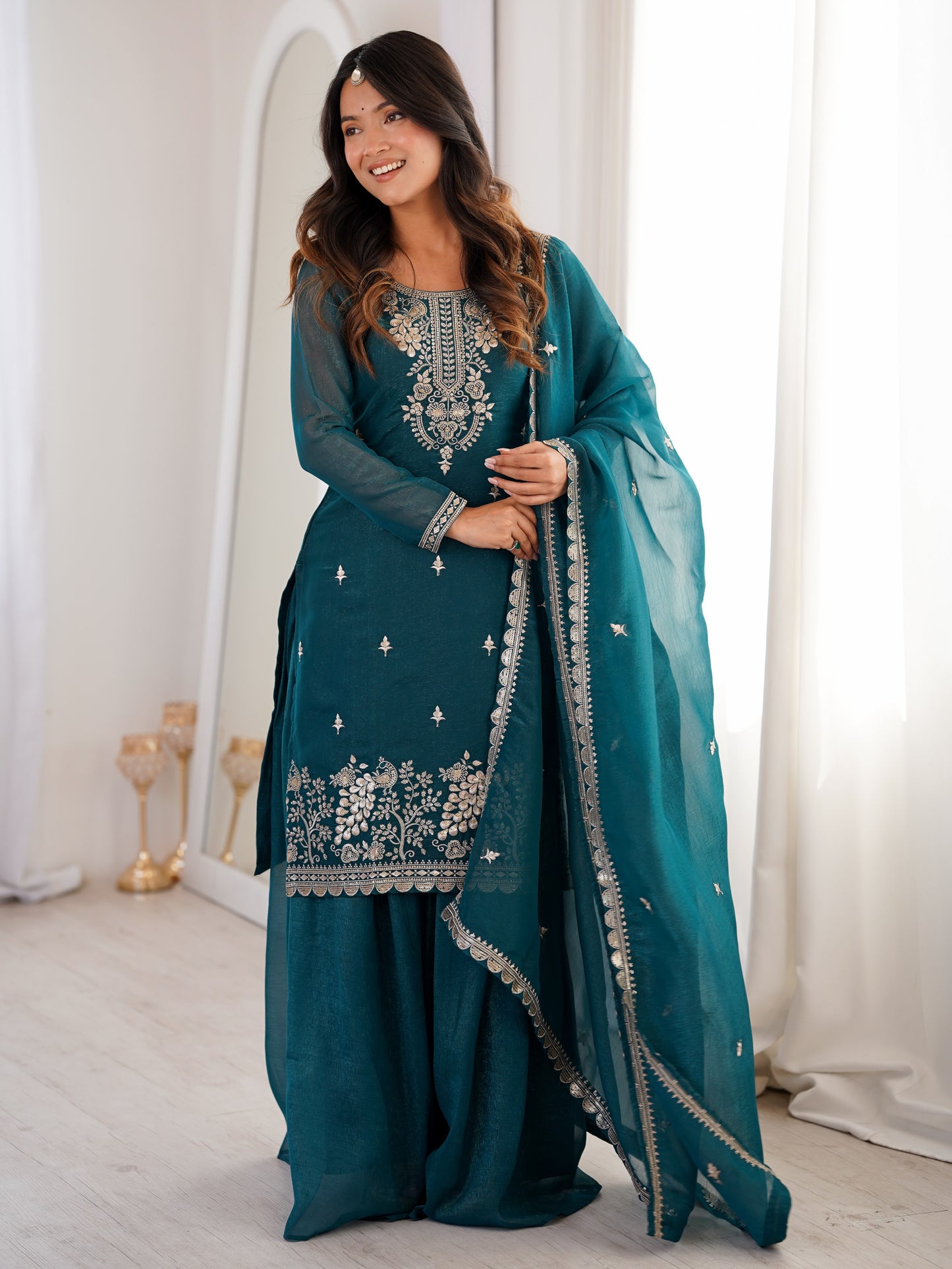 Wonderful Teal Blue Zari Work Crunchy Silk Wedding Palazzo Suit