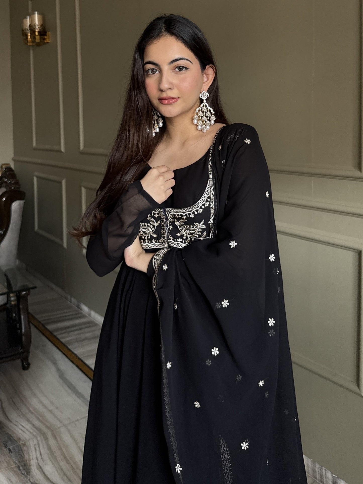 Alluring Black Georgette Party Wear Anarkali Gown With Koti