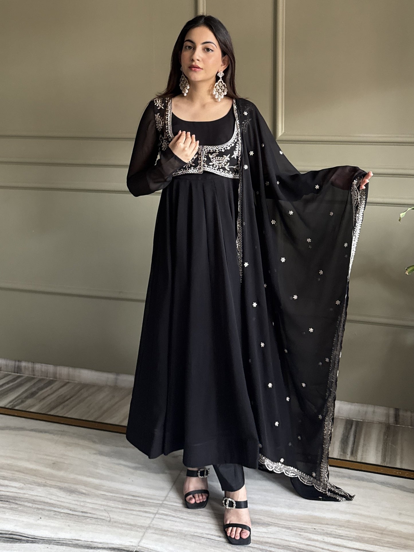 Alluring Black Georgette Party Wear Anarkali Gown With Koti