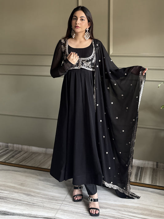 Alluring Black Georgette Party Wear Anarkali Gown With Koti