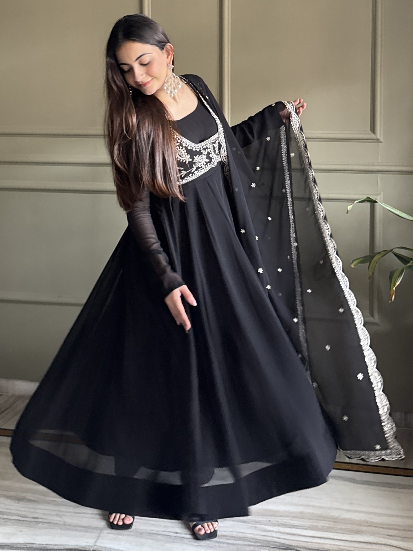 Alluring Black Georgette Party Wear Anarkali Gown With Koti