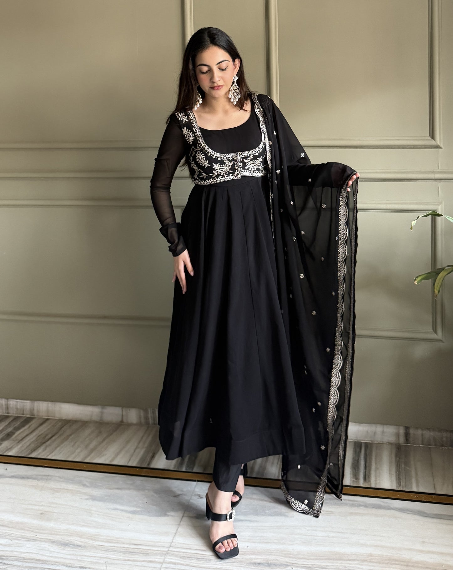 Alluring Black Georgette Party Wear Anarkali Gown With Koti