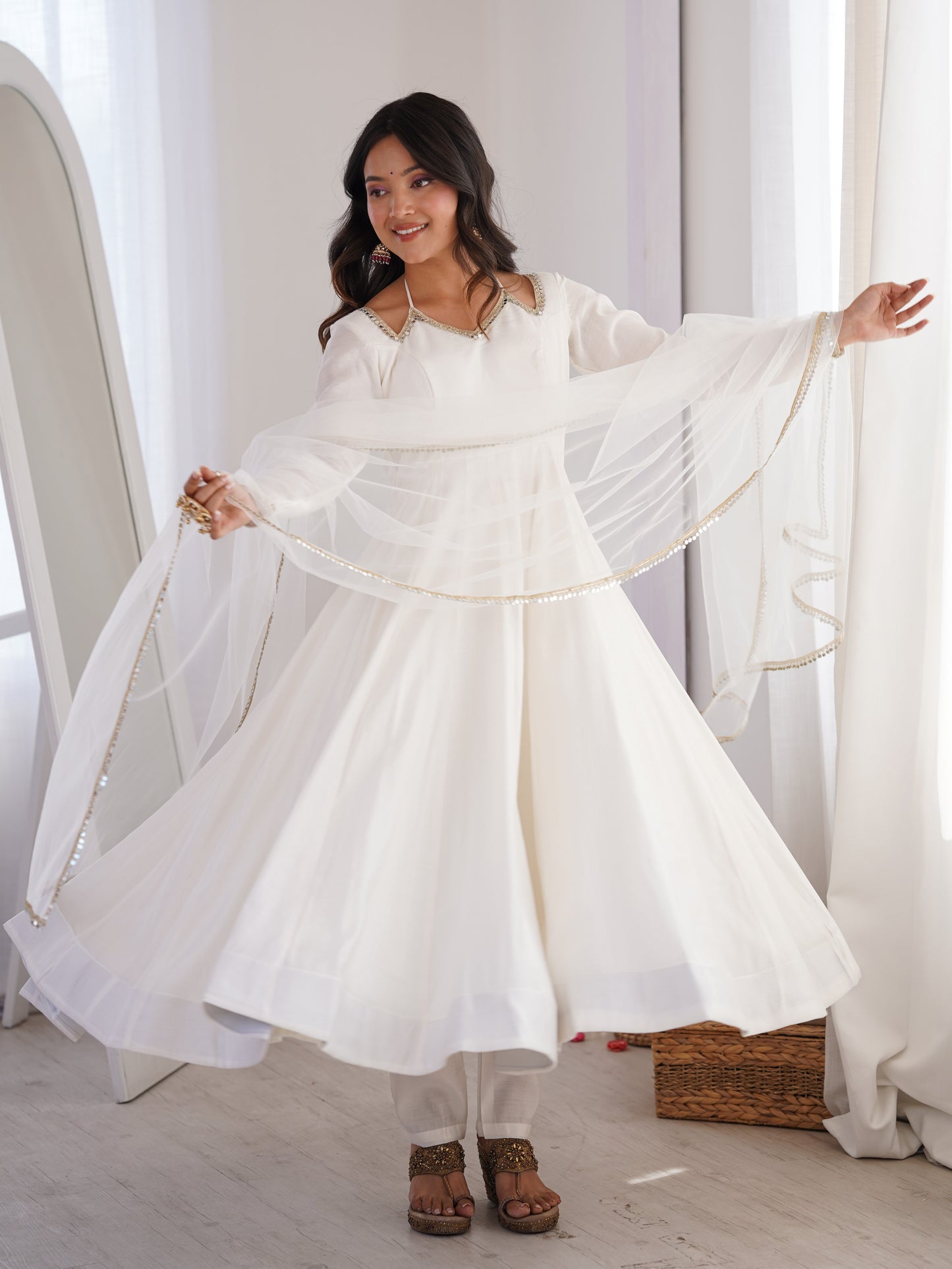 Precious White Plain Roman Silk Festive Anarkali Suit