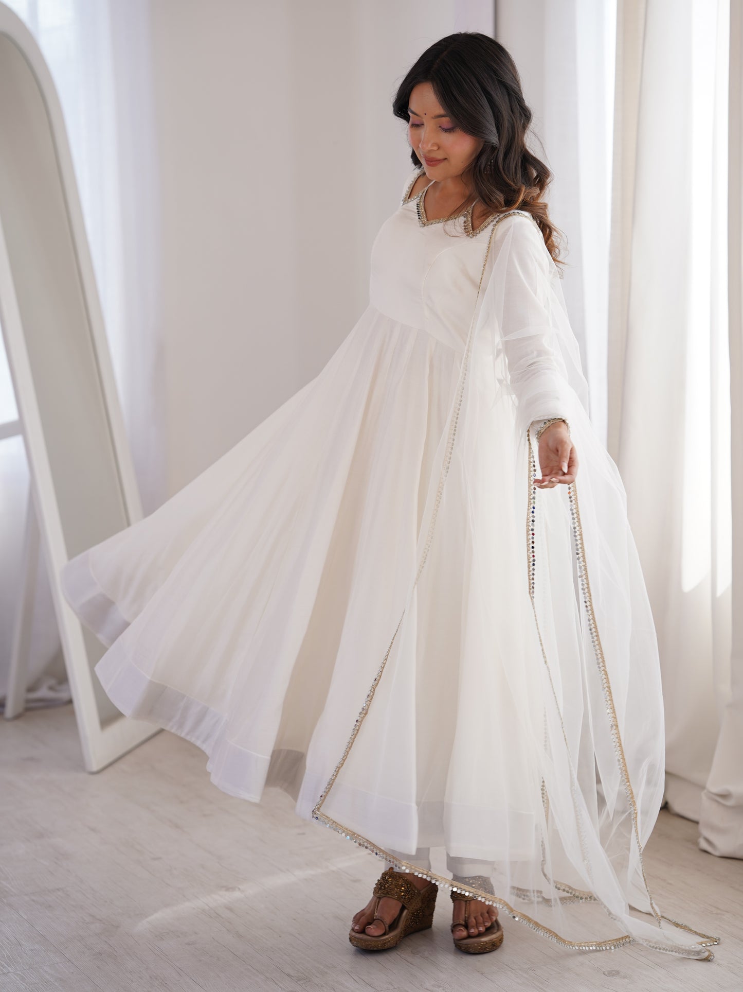 Precious White Plain Roman Silk Festive Anarkali Suit