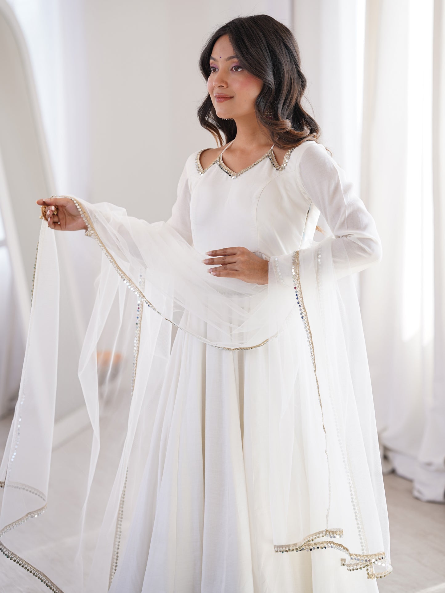 Precious White Plain Roman Silk Festive Anarkali Suit