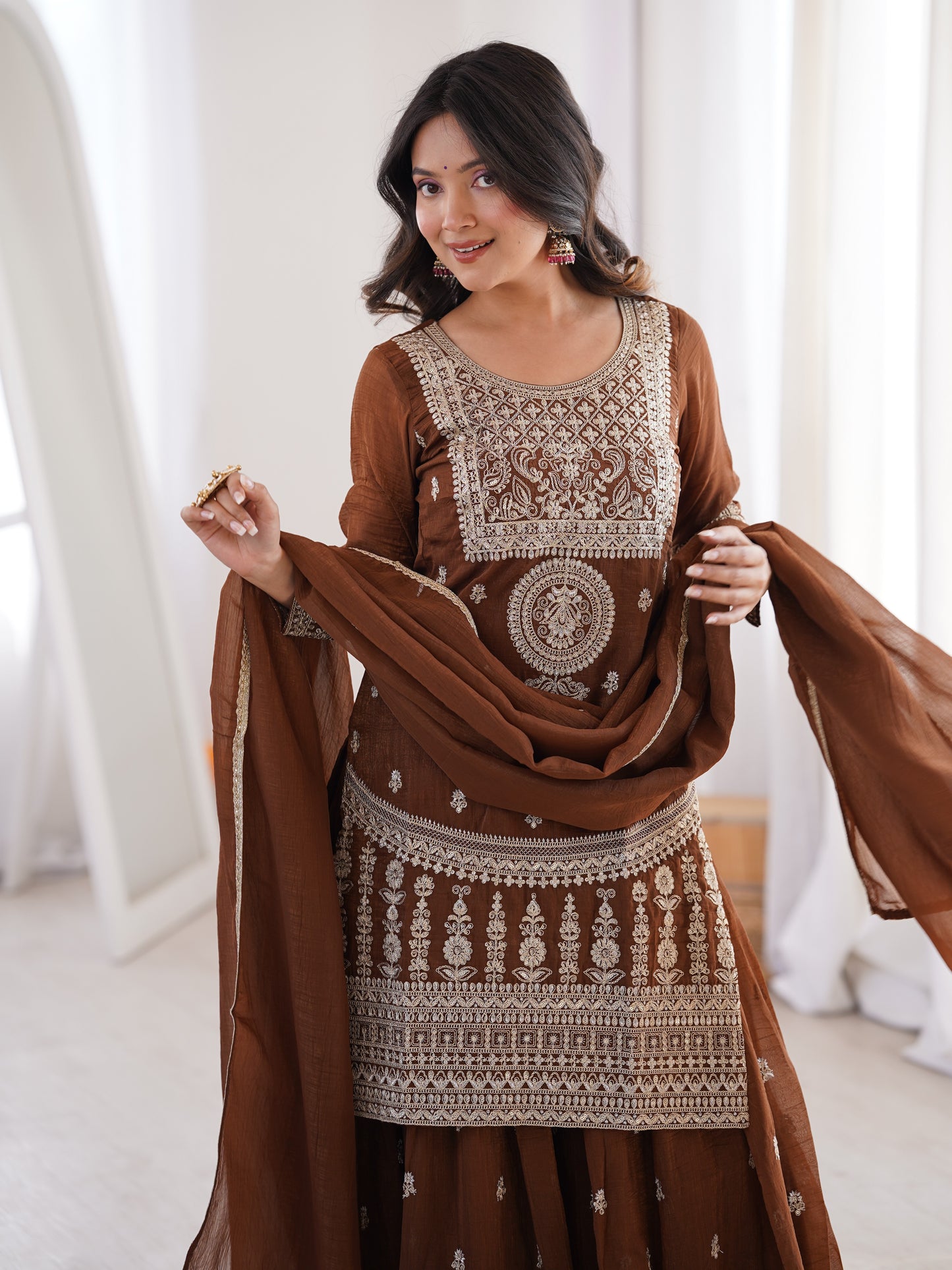 Astonishing Brown Embroidered Silk Mehndi Wear Palazzo Suit