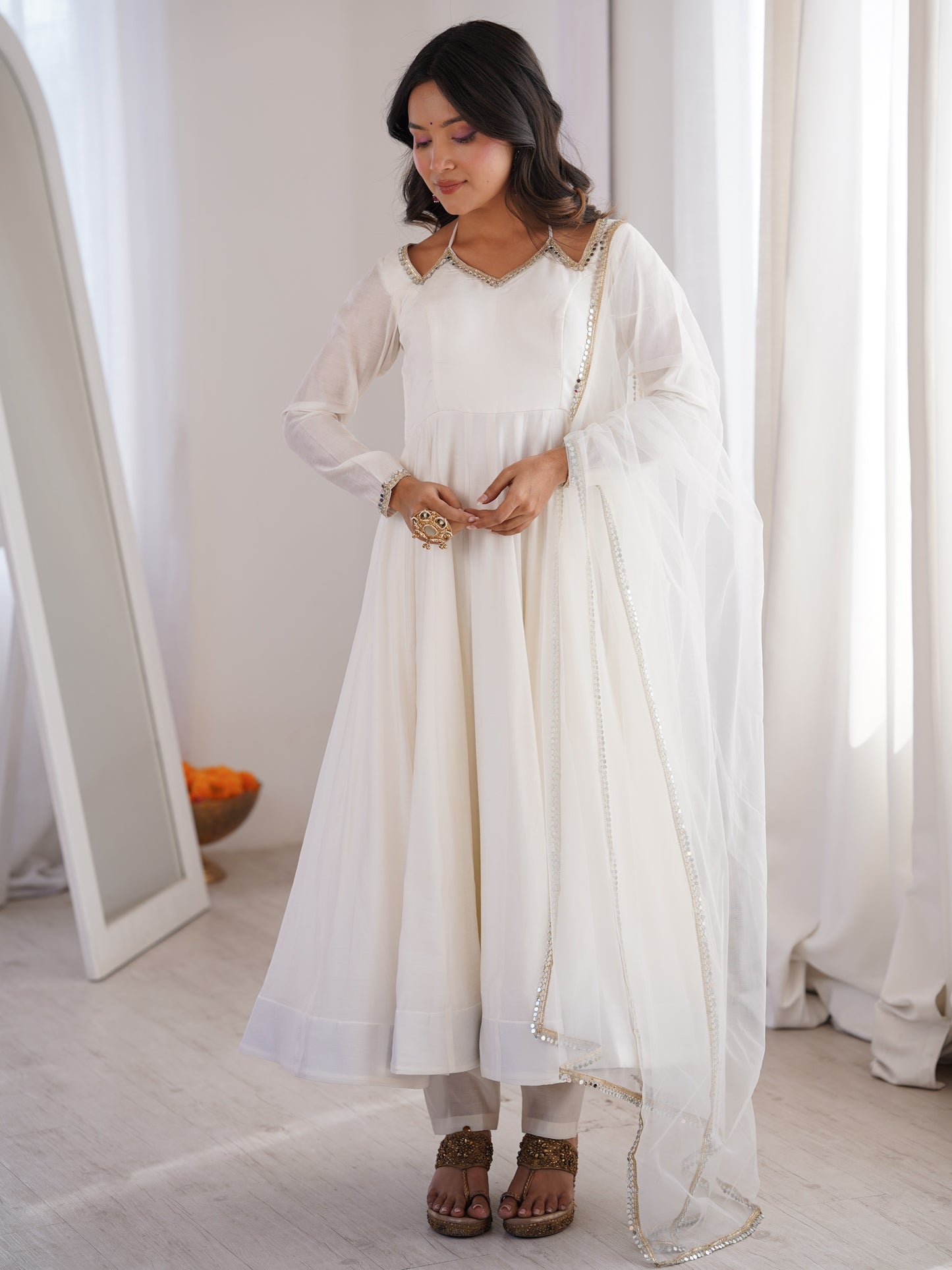 Precious White Plain Roman Silk Festive Anarkali Suit