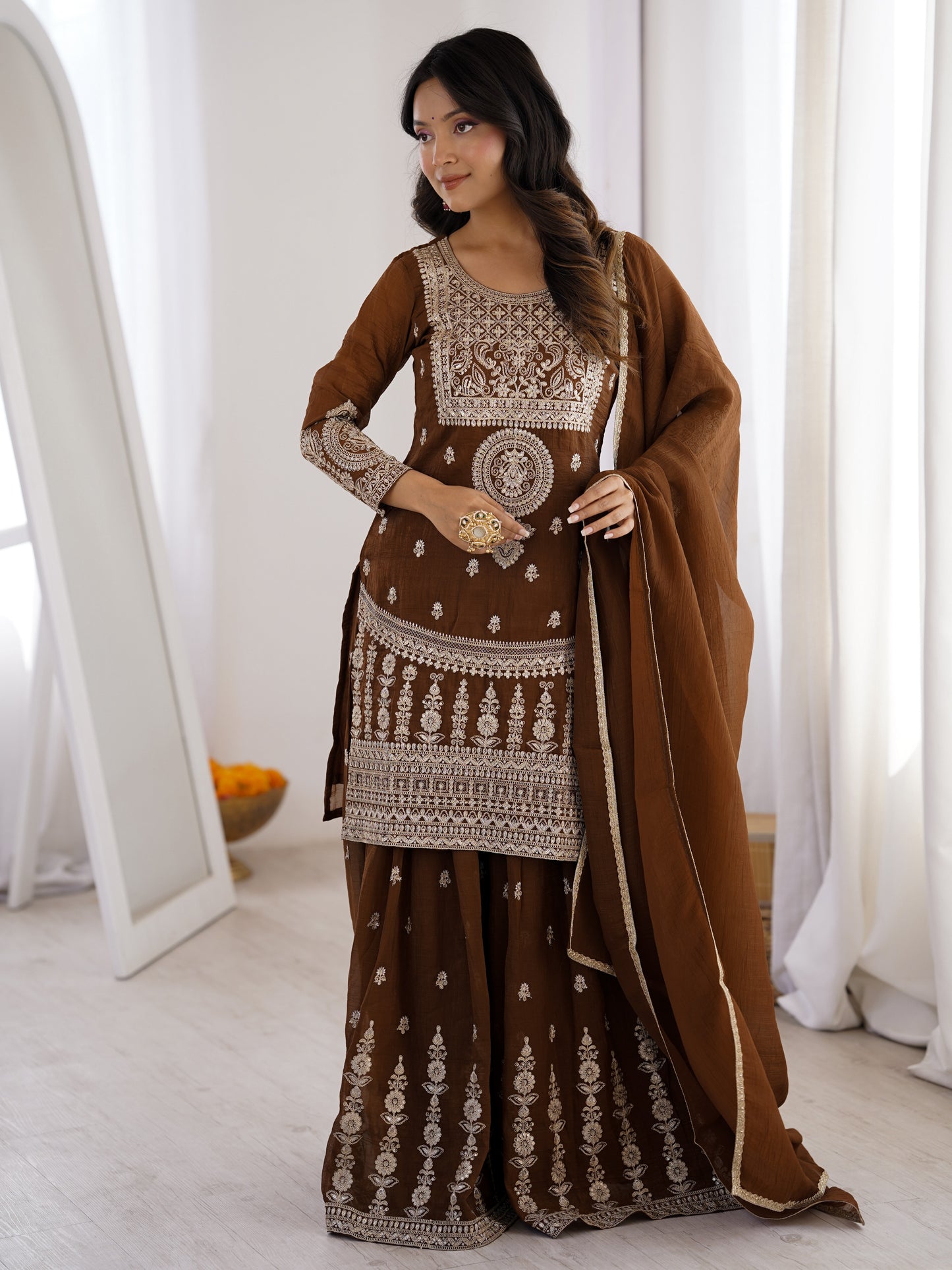 Astonishing Brown Embroidered Silk Mehndi Wear Palazzo Suit