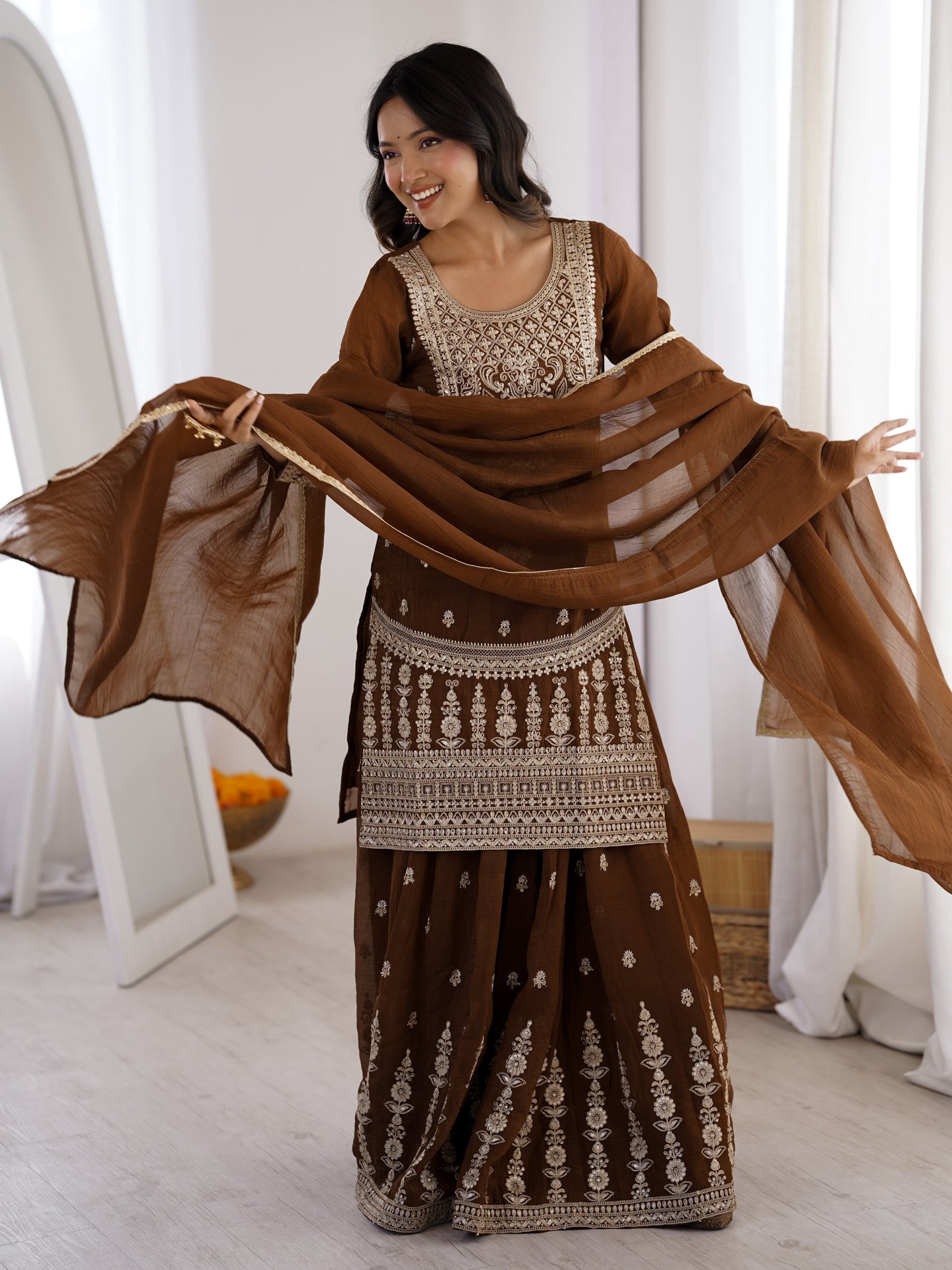 Astonishing Brown Embroidered Silk Mehndi Wear Palazzo Suit