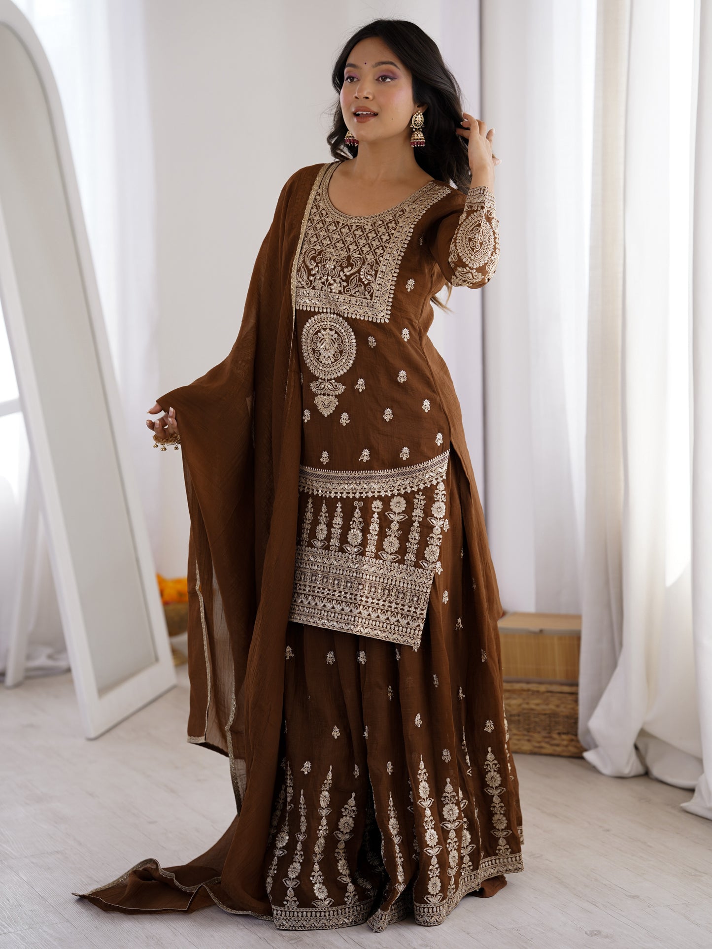 Astonishing Brown Embroidered Silk Mehndi Wear Palazzo Suit