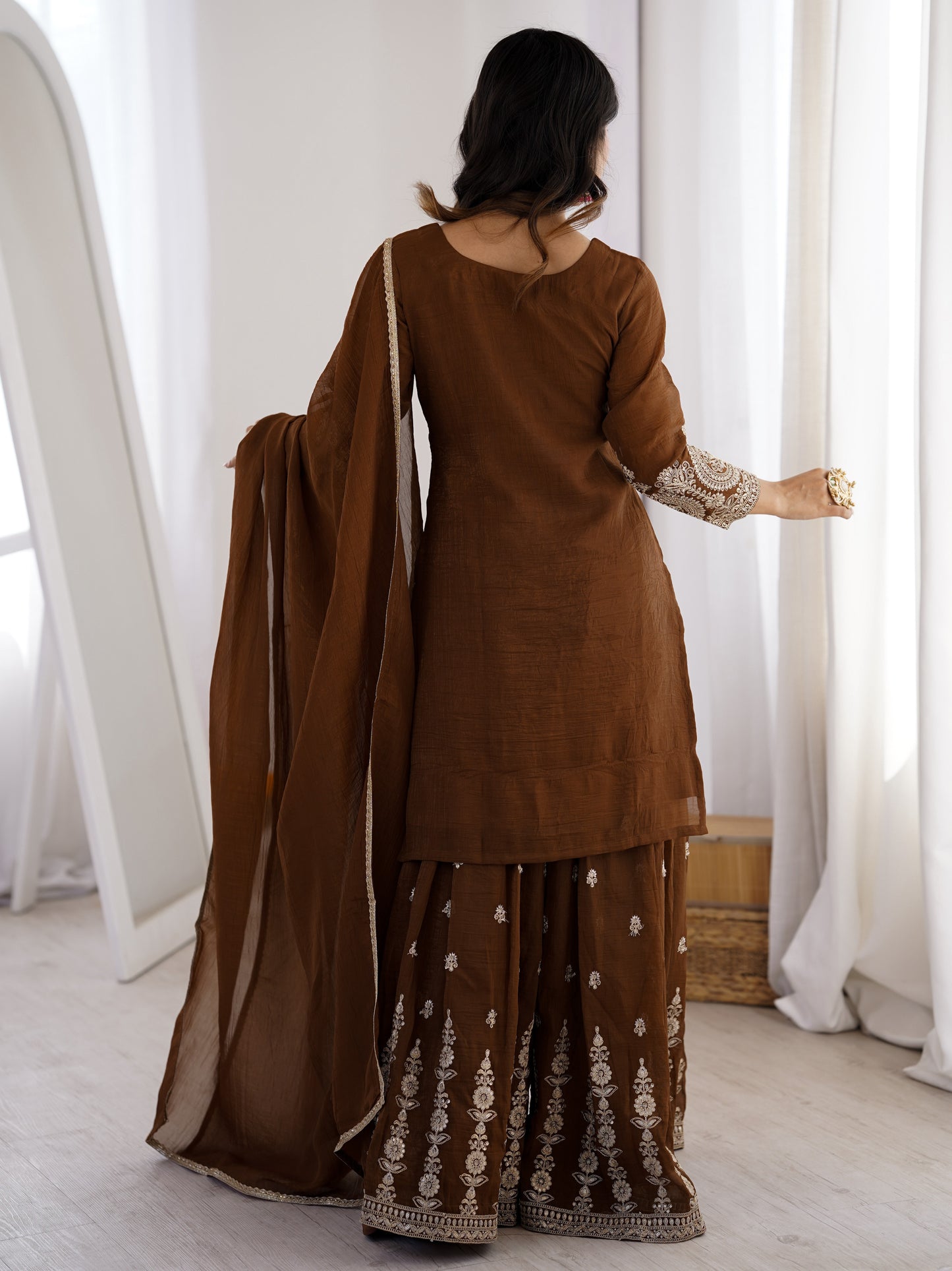 Astonishing Brown Embroidered Silk Mehndi Wear Palazzo Suit
